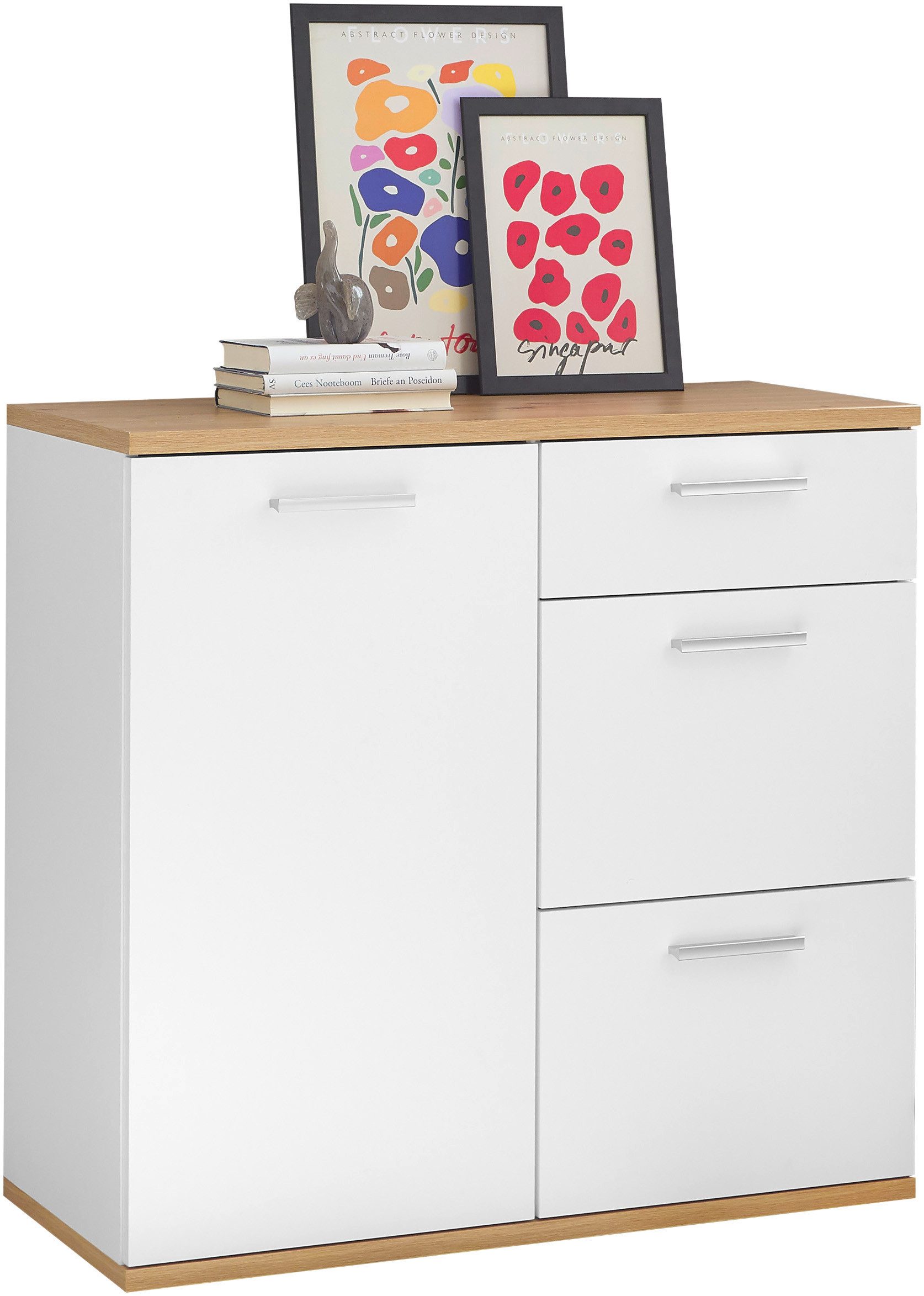 HBZ Kommode BC1035 weiß matt, BxHxT 95x86x38 cm, Kommode mit 1 Tür, 3 Schubkästen, 1 Einlegeboden