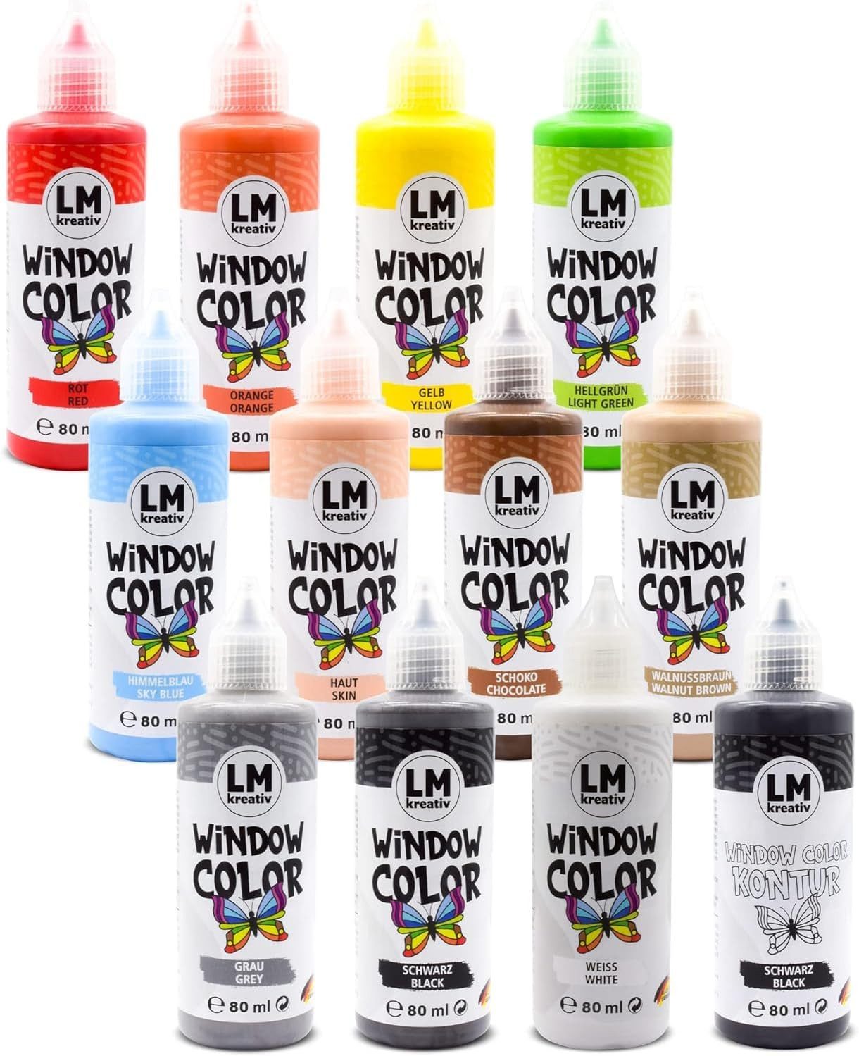 LM-Kreativ Bastelfarbe Window Color Set (12 x 80 ml Enjoy Bunte Tierwelt inkl. Konturfarbe), XXL-Set, wiederablösbar, inkl. Konturen, Folien & Vorlagenheft