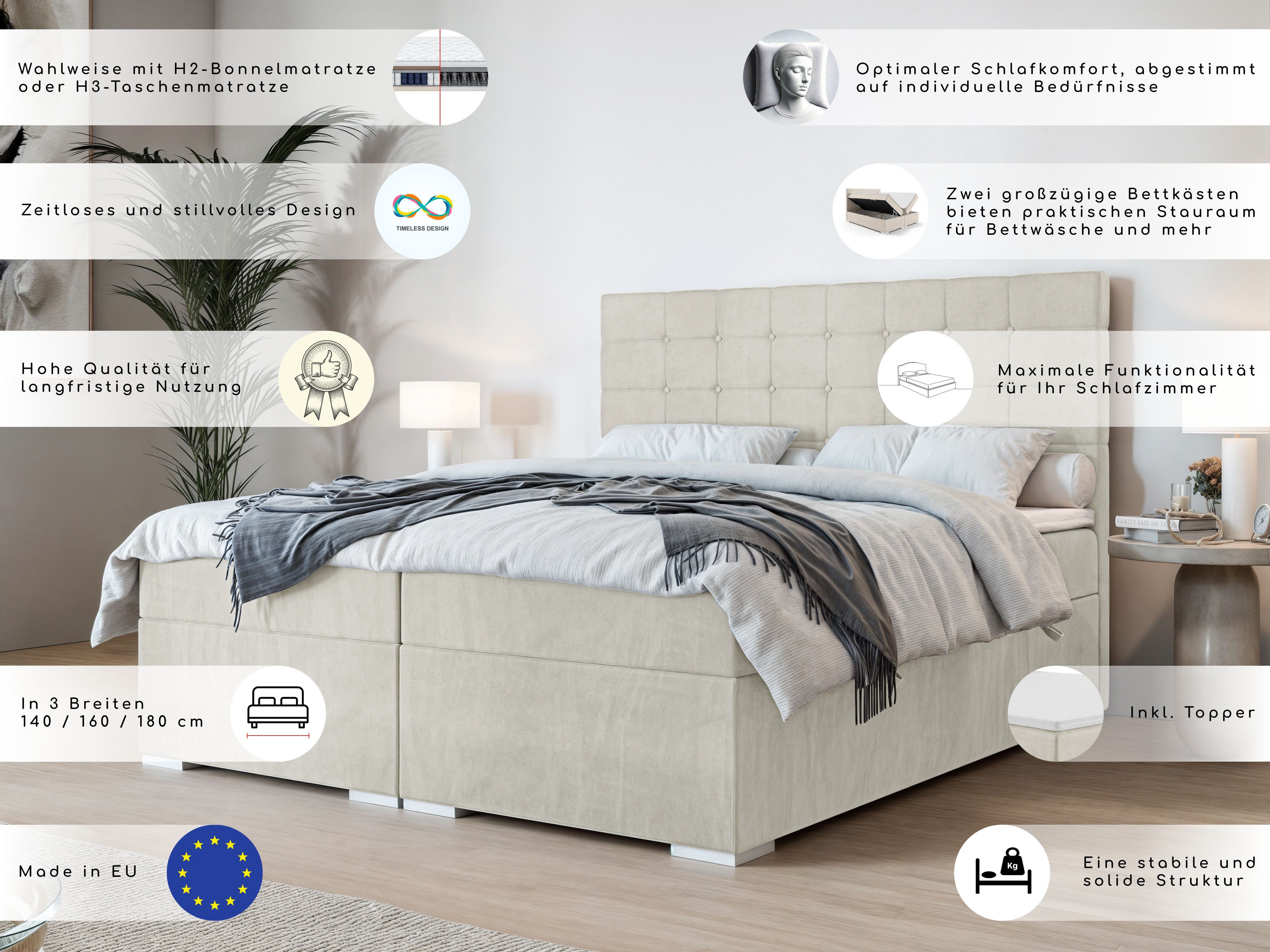 Home affaire Bett Semla mit Matratze und Topper, in 3 Breiten (140, 160 und 180 cm), Boxspringbett mit Kopfteil, Bettkasten, Matratze (BFK/TFK) und Topper