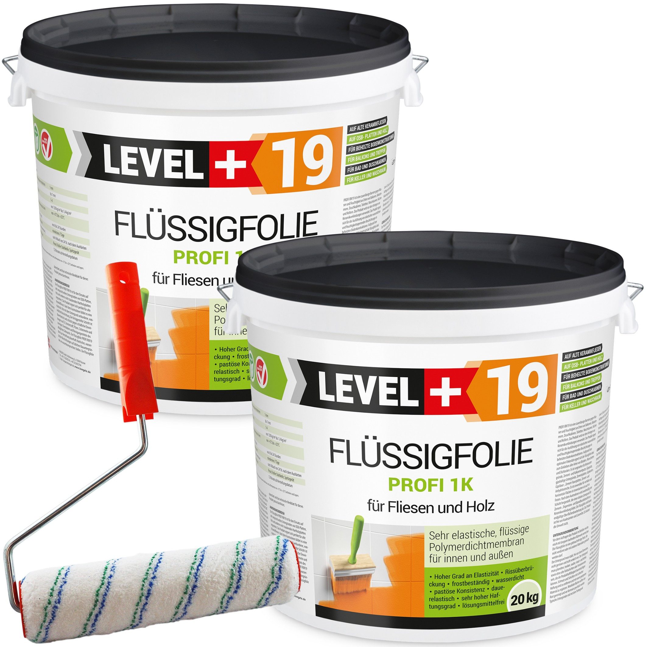 Level+ Dichtstoff Flüssigfolie Dichtfolie Abdichtung Fliesen L+19 - 40KG + Farbroller