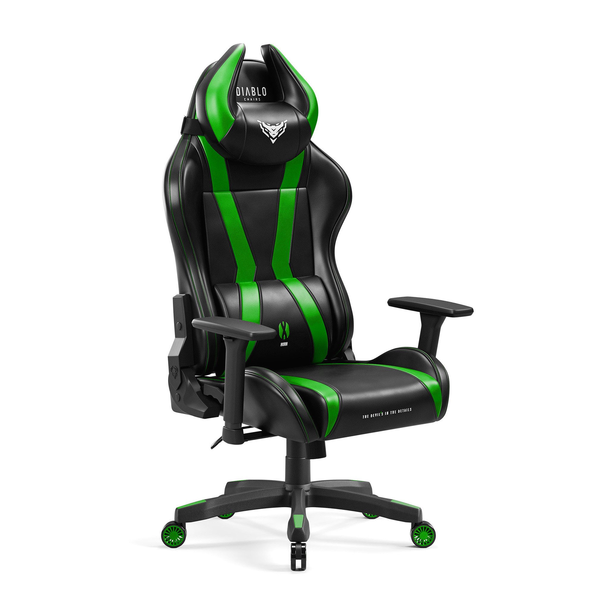 DIABLO CHAIRS Gaming-Stuhl X-Horn 2.0 HDS Kunstleder ergonomisch 3D-Armlehnen Kopfstütze (3D-Armlehnen, Memory-Schaum, HDS Kunstleder, Normal L King XL), Lendenkissen Wippfunktion 160° Metallbasis 2 Größen