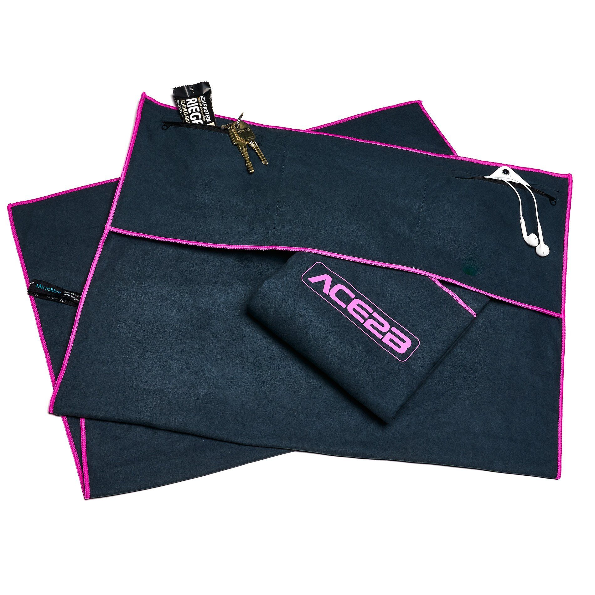 Sporthandtuch ace2b Handtuch Mikrofaser Reißverschluss Taschen + Rutschfester