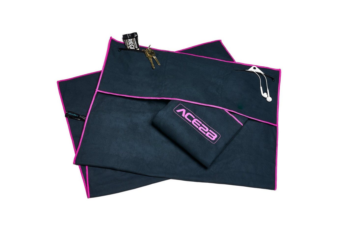 ACE2B Sporthandtuch ace2b Handtuch Mikrofaser Reißverschluss Taschen + Rutschfester