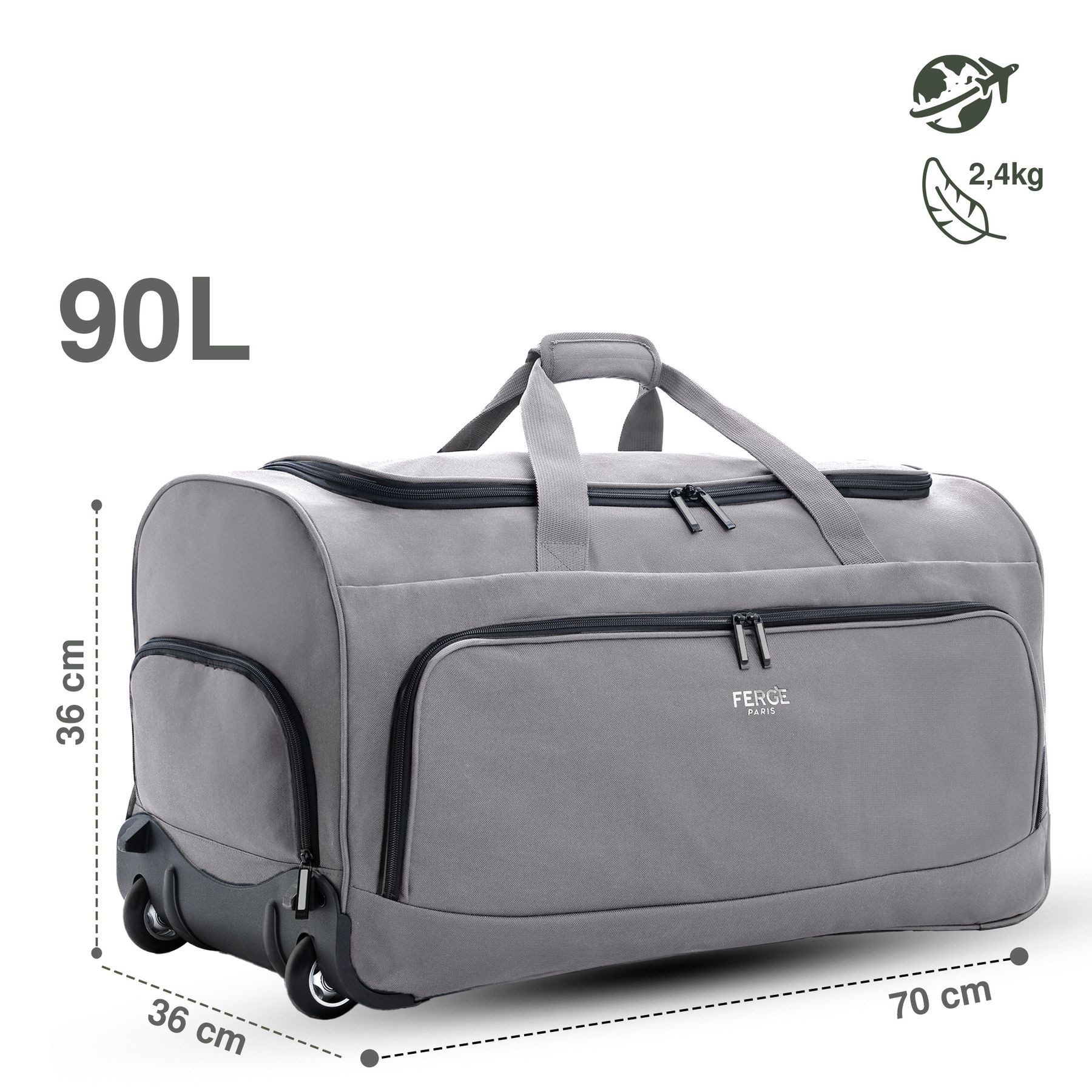 FERGÉ Reisetasche wasserabweisend Reisetasche mit Rollen groß Paris, Reisetasche mit Rollen und extra Schuhfach, Reisegepäck grau