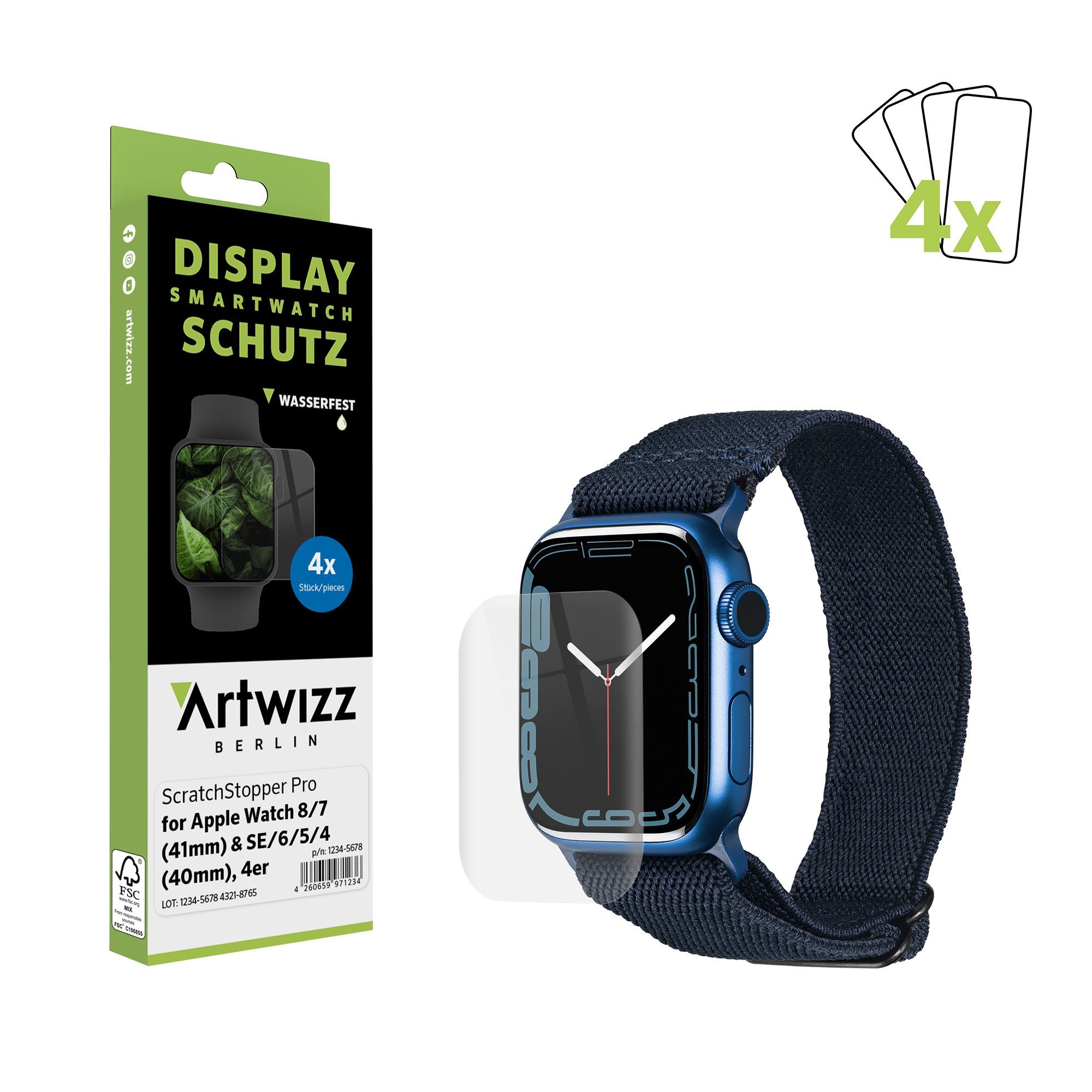 Artwizz Schutzfolie ScratchStopper Pro, Wasserfeste und Kratzfeste  Displayschutz Folie, Apple Watch 9 / 8 / 7 (41mm), Apple Watch SE / 6 / 5 /  4 (40mm)