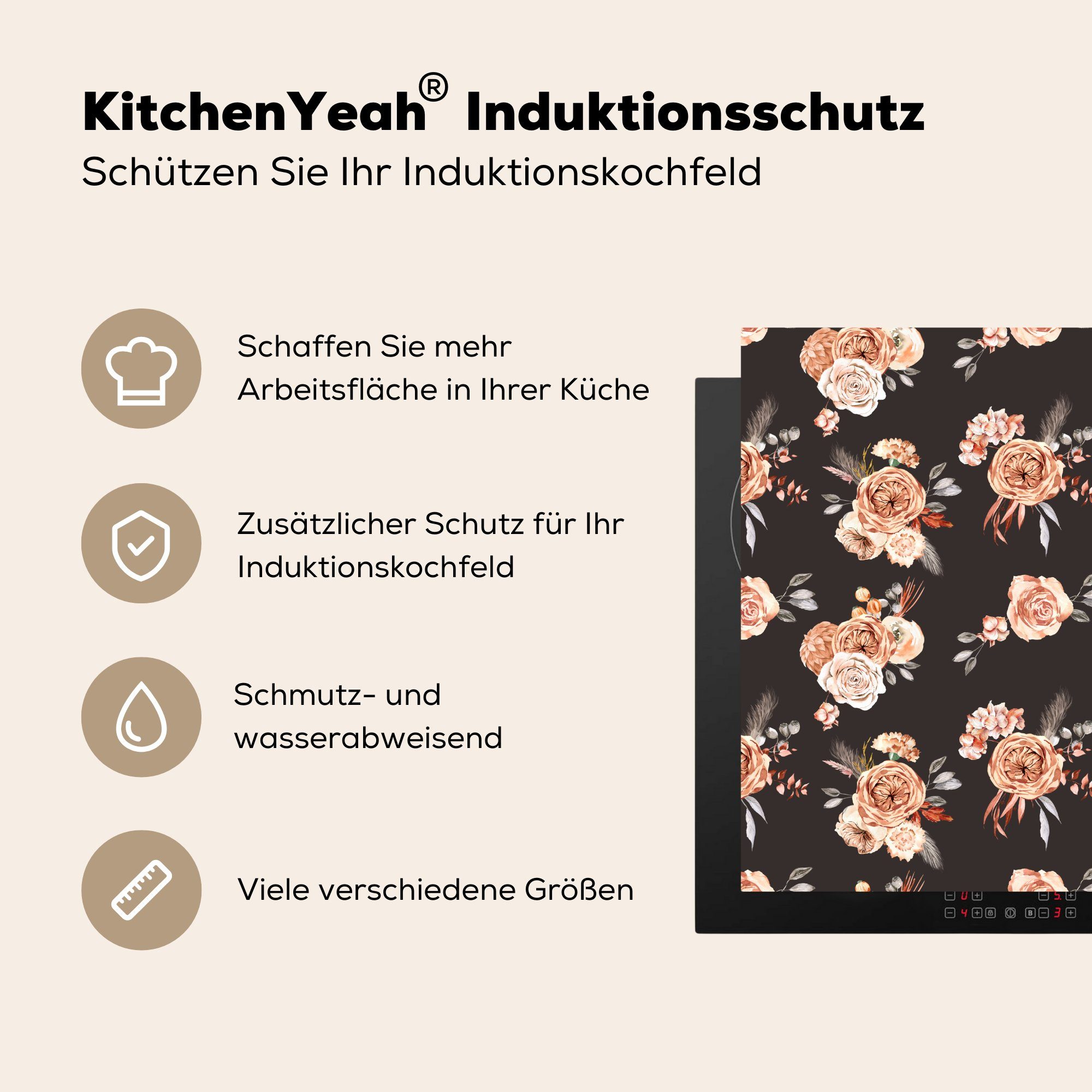 MuchoWow Herdblende-/Abdeckplatte Arbeitsplatte Rosen tlg), (1 küche für Vinyl, Ceranfeldabdeckung, 78x78 Blumen - Schwarz, - cm