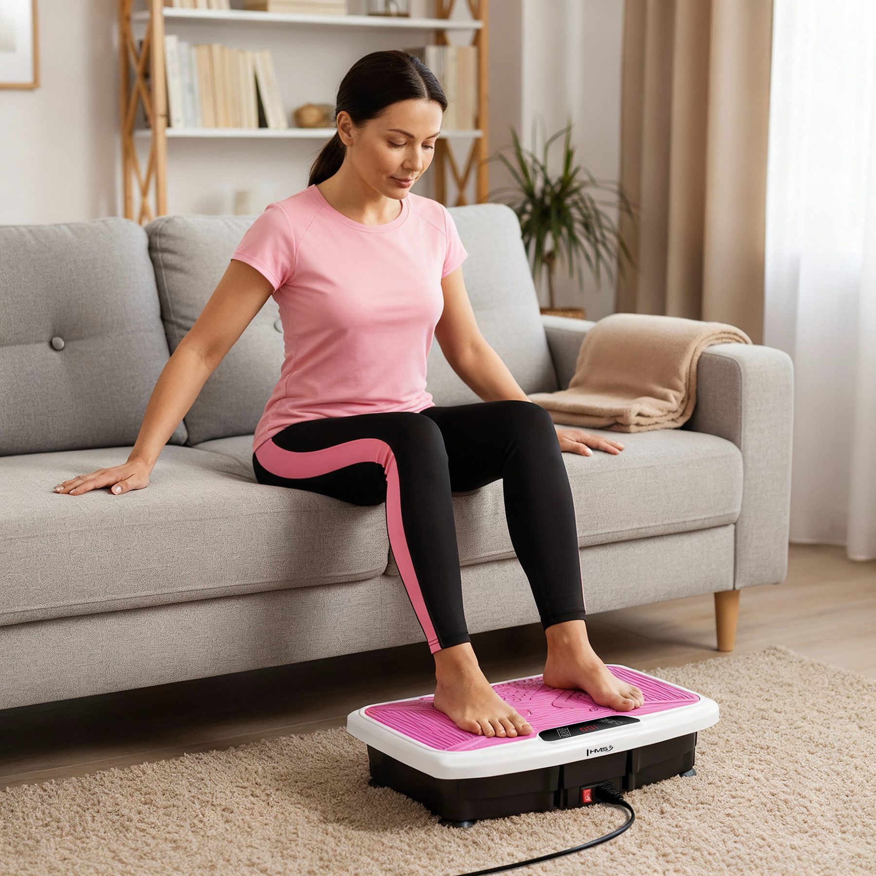 HMS Vibrationsplatte Vibrationstrainer Ganzkörpertrainer Fitnessplattform, 200.0 W, 3 Intensitätsstufen, (Spar-Set, 1 tlg., 54 x 35 x 13 cm kompakt), 6 Programme, 120 Stufen, Expanderbänder, TPE