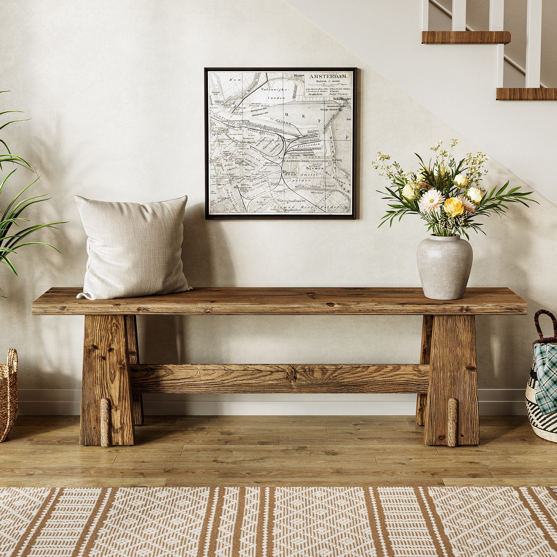 Tribesigns Schuhbank 150 cm lange Massivholzbank, Landhaus-Eingangsbank, Sitzbänke (für Fußende des Bettes, Esszimmer, Eingangsbereich, Flur, Wohnzimmer)