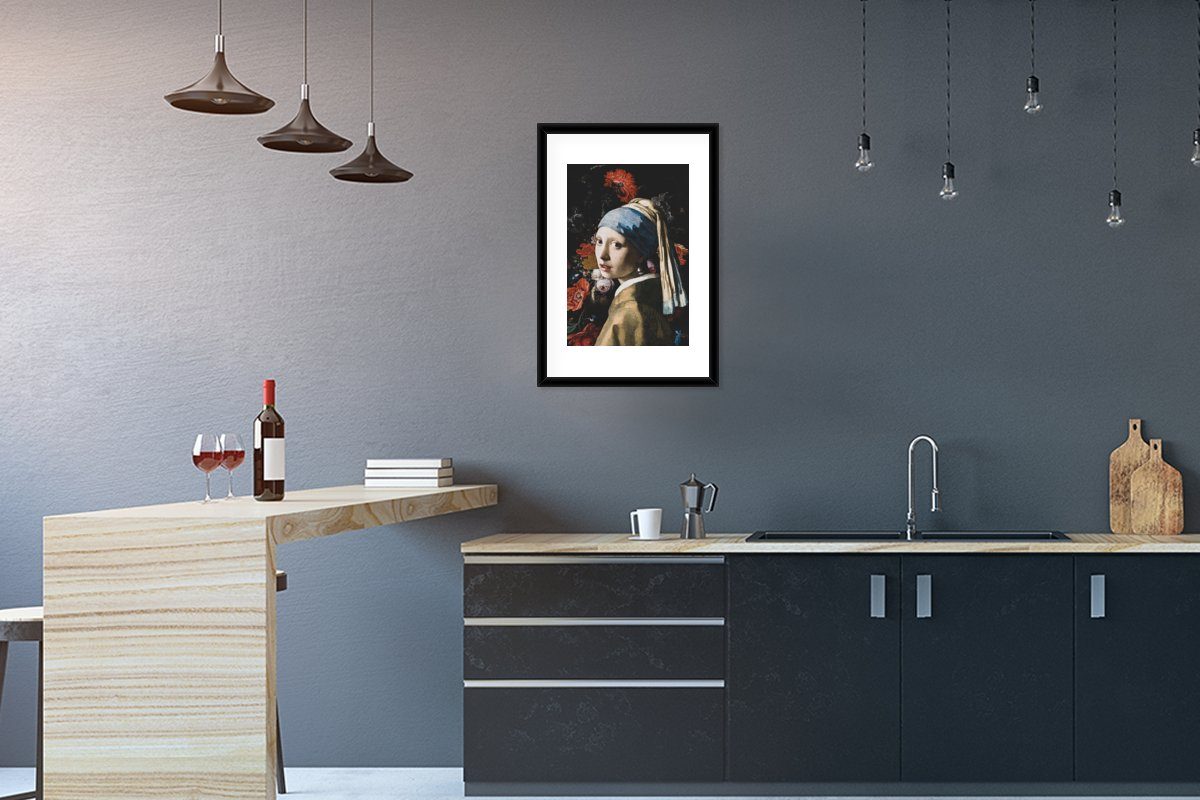 MuchoWow Poster Mädchen mit Perlenohrring - Johannes Vermeer - Blumen - Rot, (1 St), mit Rahmen, Kunstdruck, Gerahmtes Poster, Schwarzem Bilderrahmen