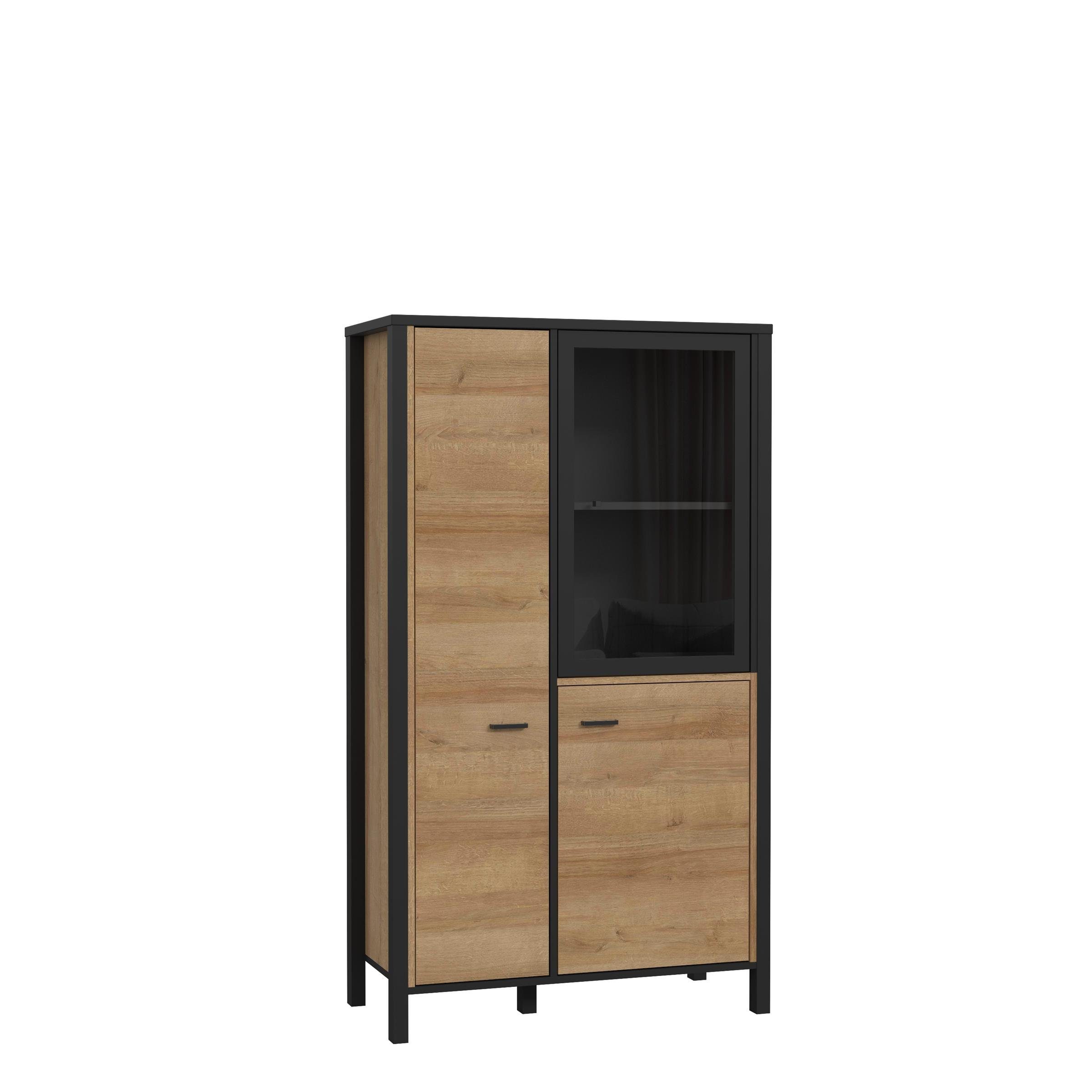 Vitrine Spanplatte 4 1 Holztüren cm, Breite 2 Gestell Einlegeböden. in Hialeah Höhe Eiche im cm, Nachbildung, mit Tiefe 152,3 und Industrial-Design 40,2 Vitrine möbelando 86,3 Riviera cm Schwarz Glastür, in aus