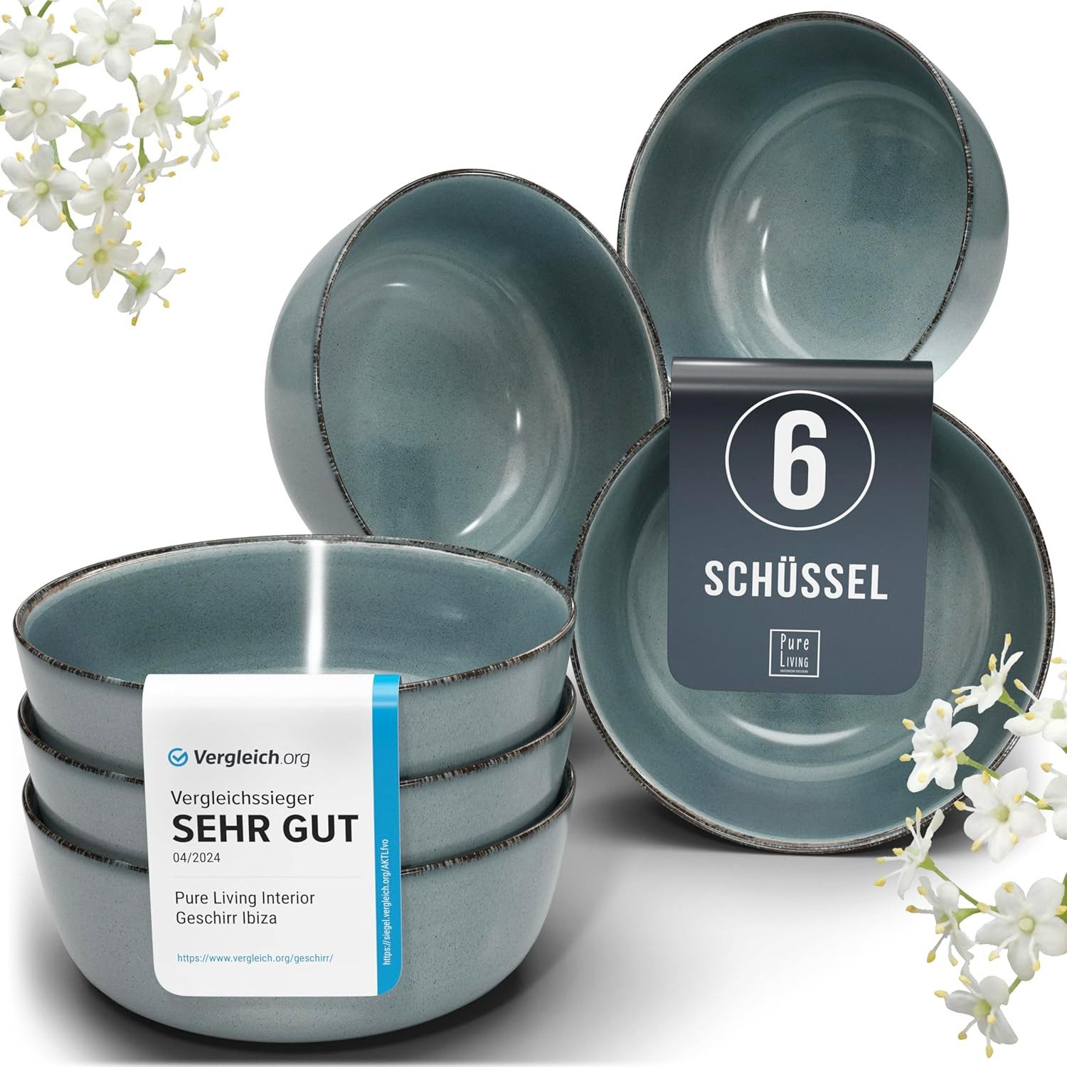 PURE LIVING INTERIOR DESIGN Geschirr-Set Müslischalen Rustic, 6er-Set, 16 cm, Rauchblau, Steingut (6-tlg), 6 Personen, Steingut
