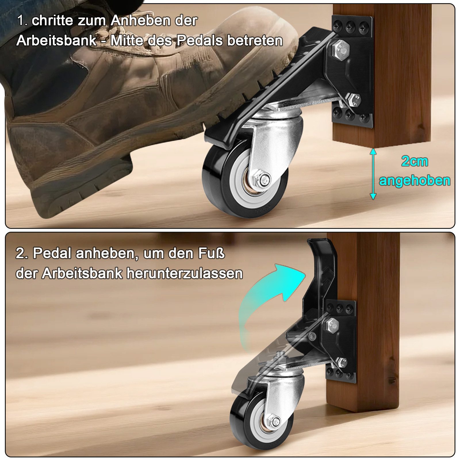 XERSEK Lenkrolle 4X Absenkbar Werkbank Werkbankrollen 50mm max.150kg Heberollen, (Möbelrollen Schwerlastrollen Lenkrollen 360°, 4-St., Drehbar Versenkbare Rollen Transportrollen), für Werkbänke, Tische, Schränke, Maschinen