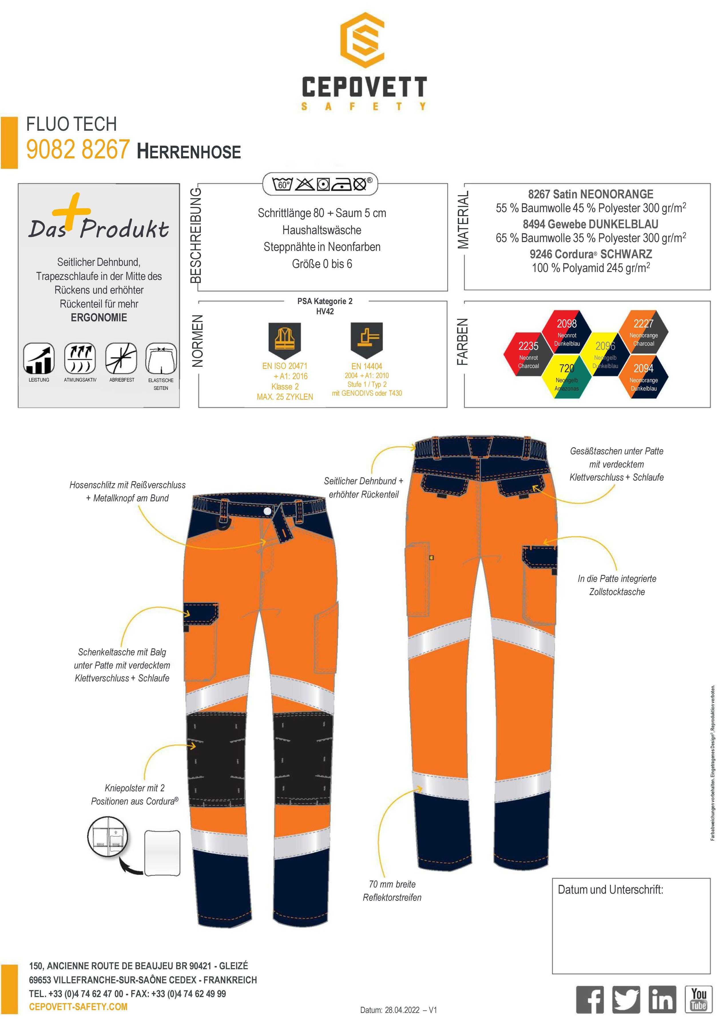 Cepovett Arbeitsbundhose Unisex & (EN 13688:2013) Knie ISO reflektierend, BLUE ISO Tech" DARK verstärkte / Warnschutz FLUO 20471:2013 EN ORANGE "Fluo