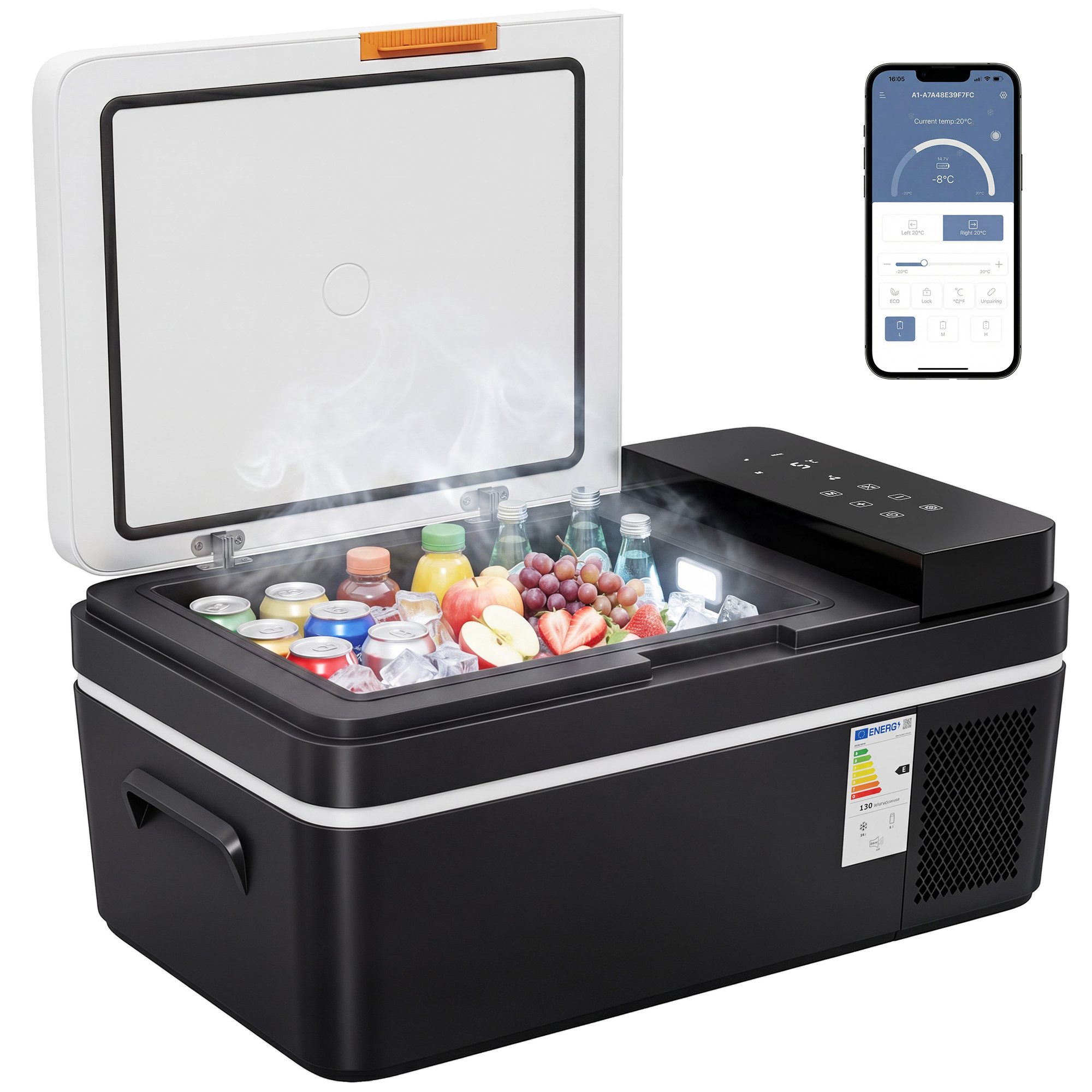 kowdom Kühlbox Kompressor Kühlbox 20L, App, 12V/230V, -20°C~20°C für Auto, 20 l, App-Steuerung, LED-Beleuchtung, Batterieschutz, leiser Betrieb