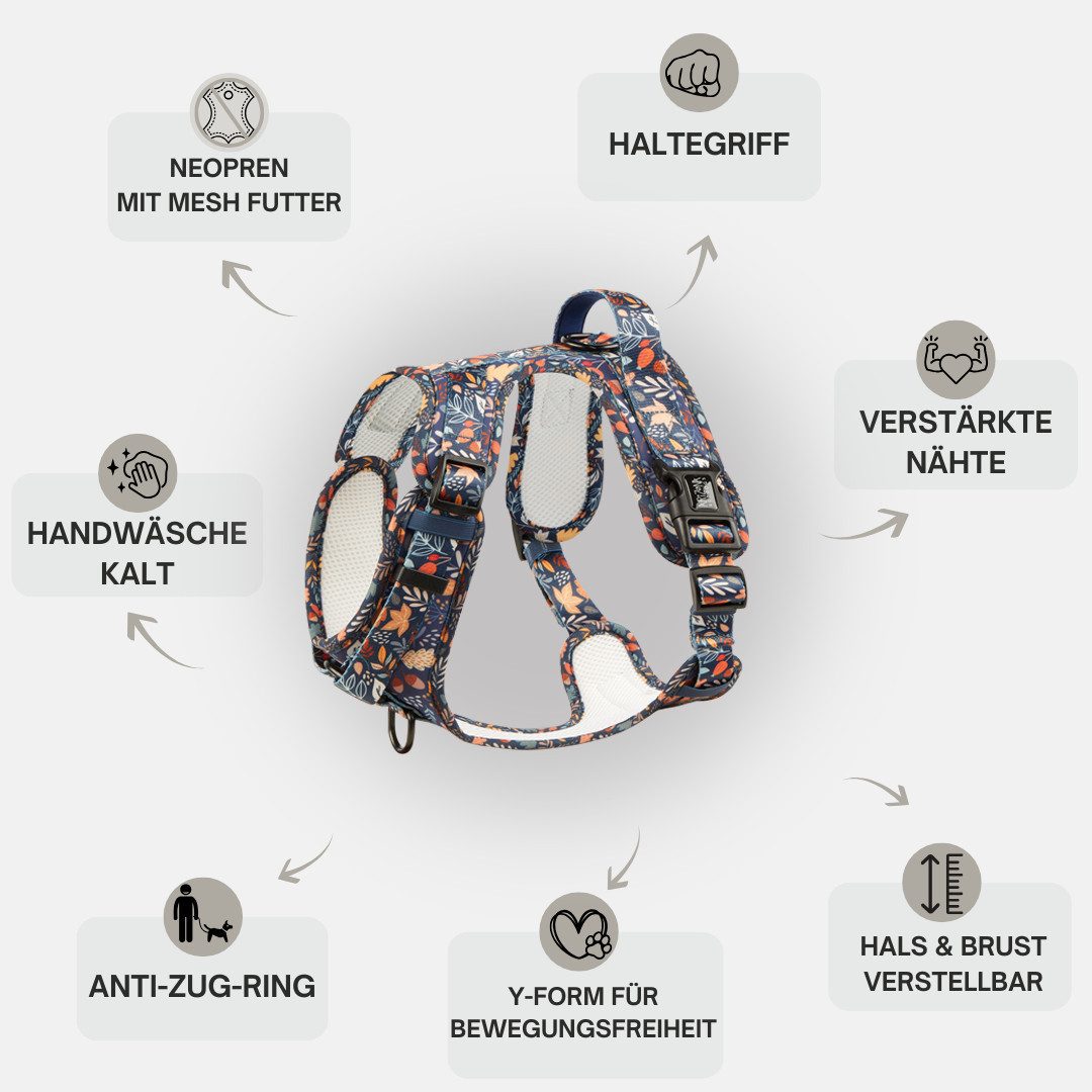 ARIZONA HOT DOGS Hunde-Geschirr Neopren Griffgeschirr Fall in Love, Buntes Blattmuster L