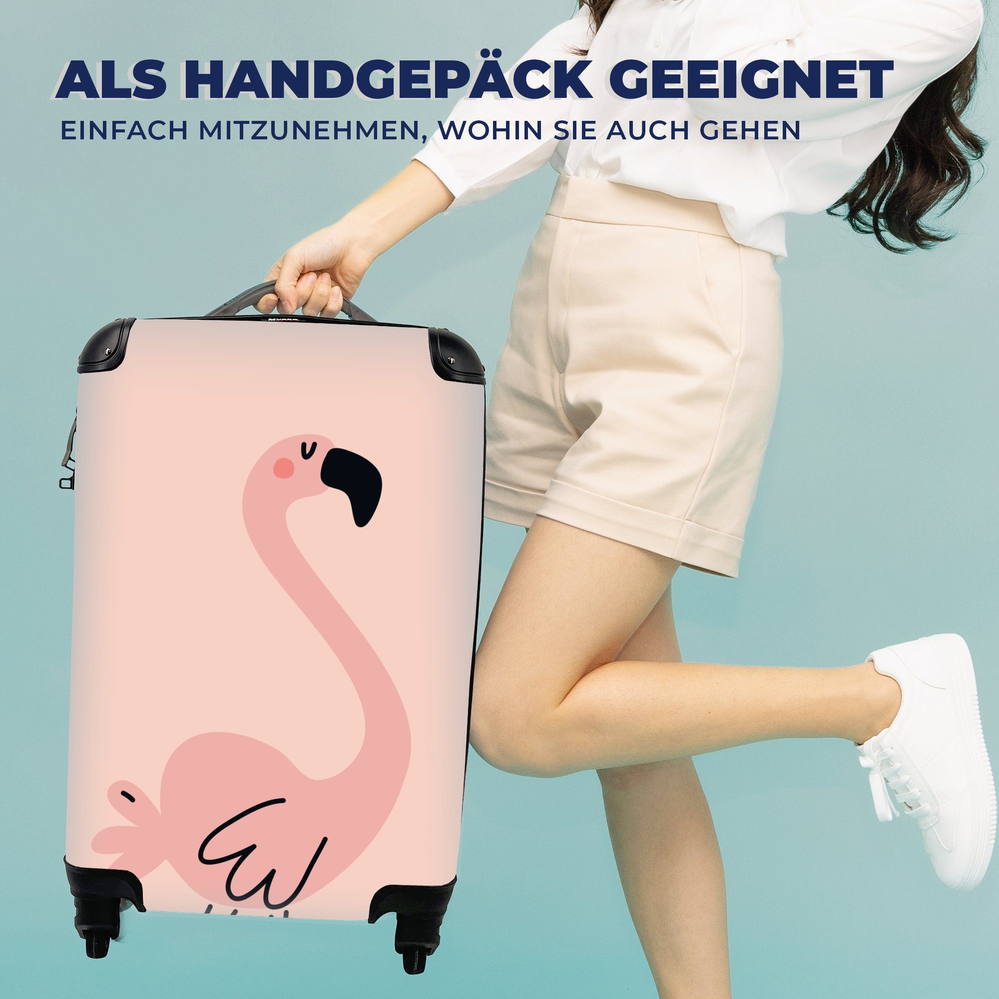 MuchoWow Handgepäckkoffer Illustration eines rosa 4 Handgepäck für Hintergrund, Reisetasche einem Ferien, Trolley, Reisekoffer Rollen, mit Flamingos rollen, auf rosa