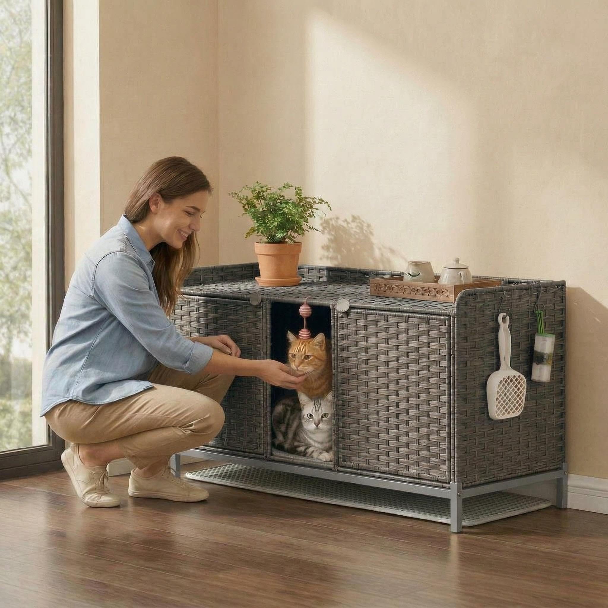 GarveeMore Katzentoilette Rattan Katzenklo Möbel mit Tür, Matte und Haken, versteckte