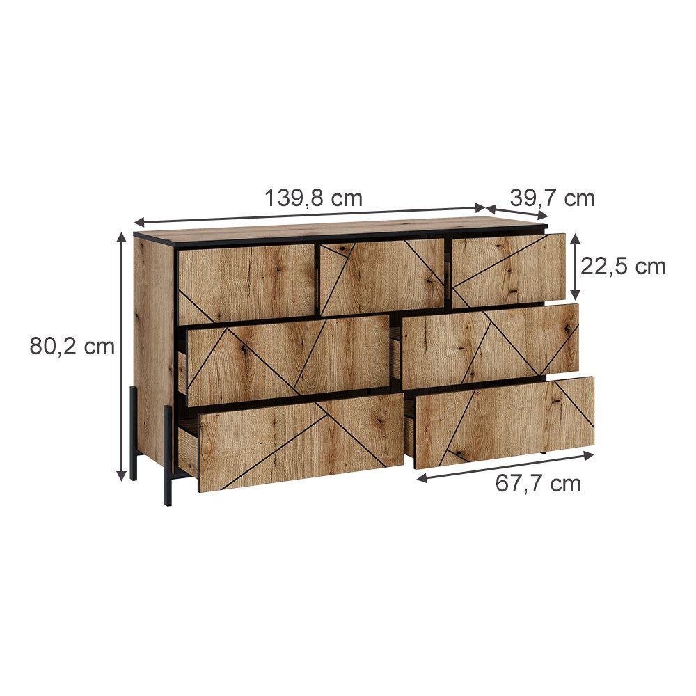 Vicco Kommode Hatto, Eiche, 139.8 x 80.2 cm mit 7 Schubladen (1 St)
