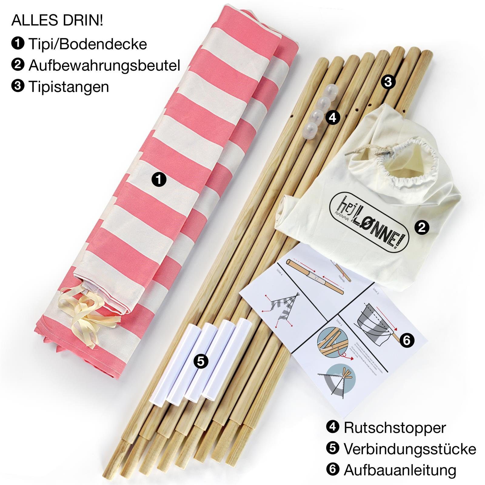 Hej Lønne Tipi-Zelt Tipi Zelt für Kinder rosa gestreift Kinderzelt, (6er Set)