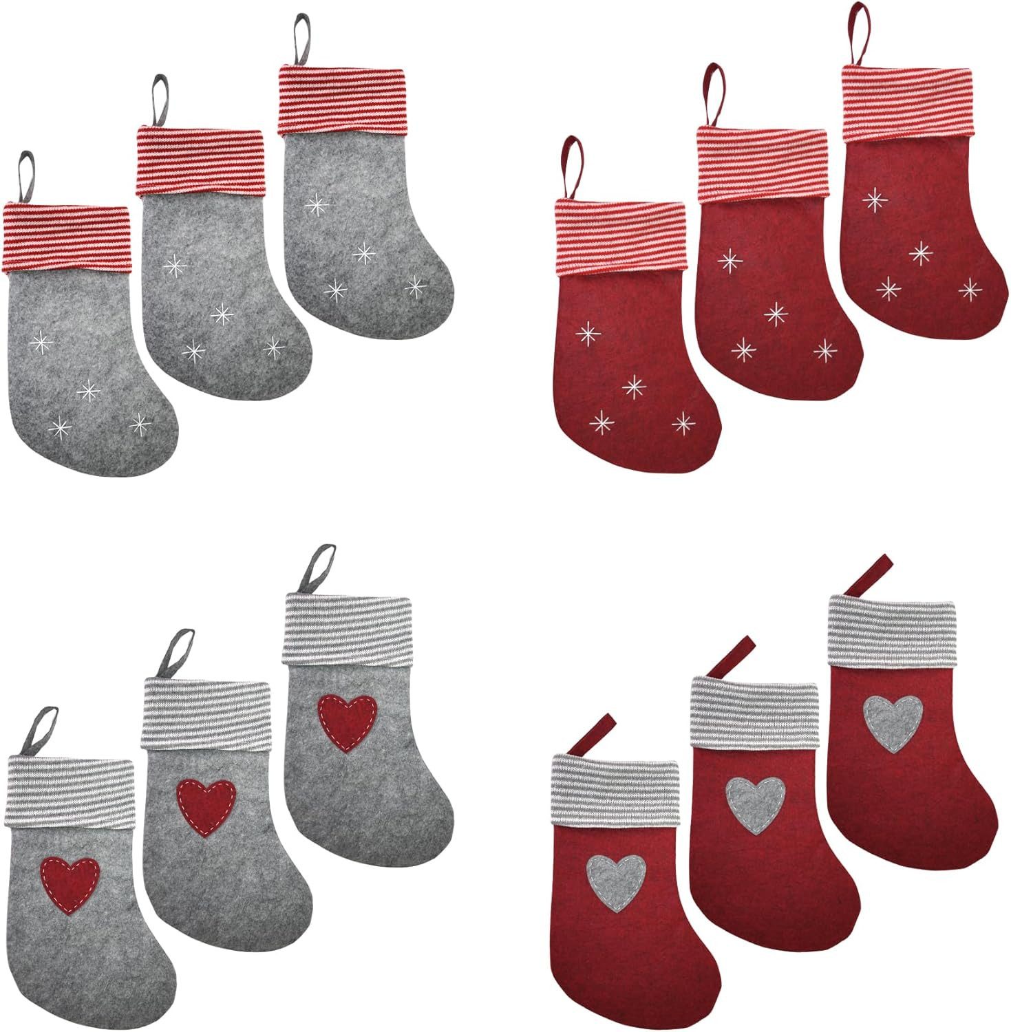 hausleben Dekohänger Weihnachtsstrümpfe (12 St), Nikolausstiefel aus Filz in Rot & Grau - 29cm