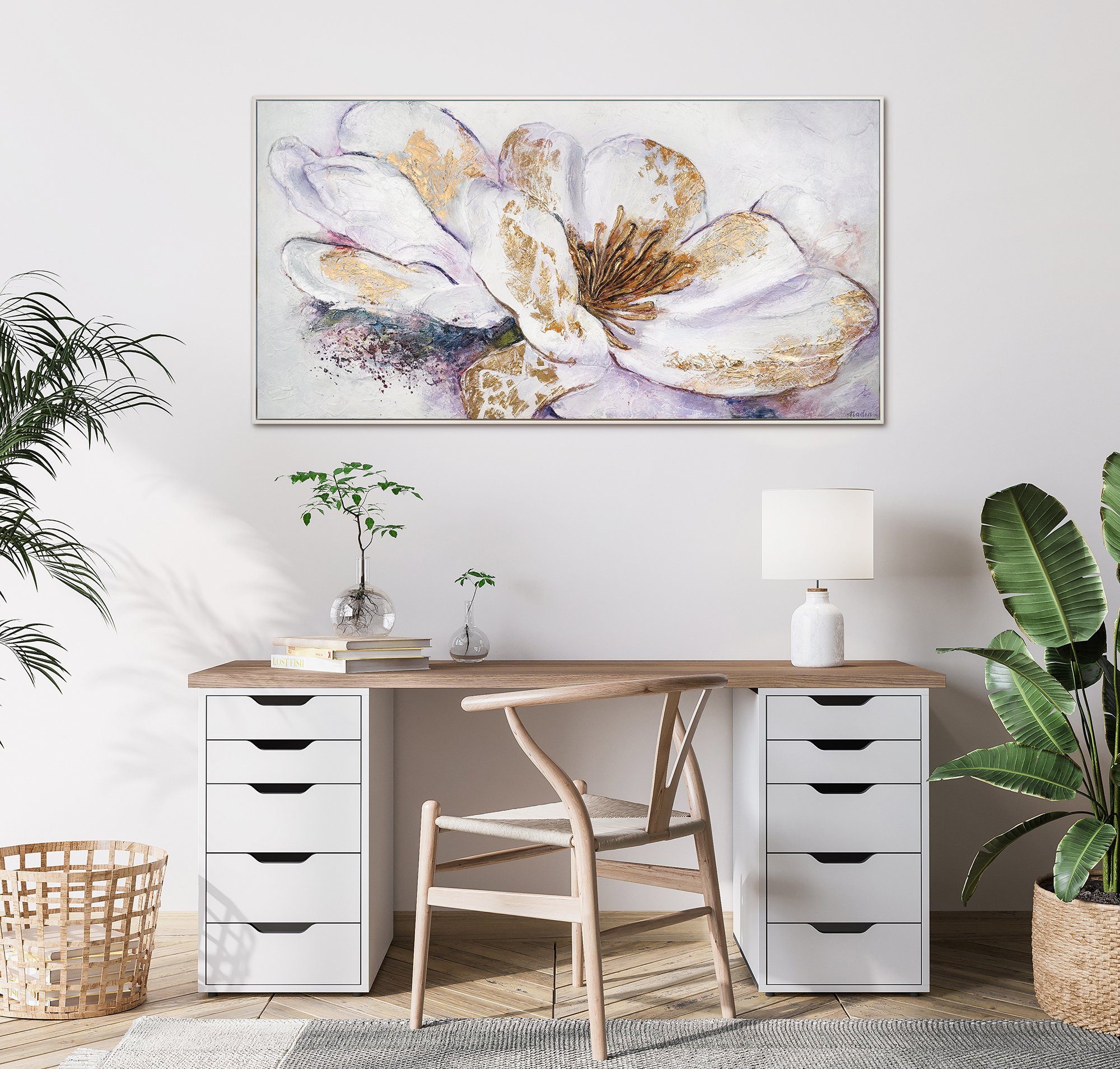 Bild Handgemalt Weiß Blumen, Lila Gold in YS-Art Pfingstrose, Leinwand Mit Gemälde Pfingstrosen Rahmen Goldene Blumen