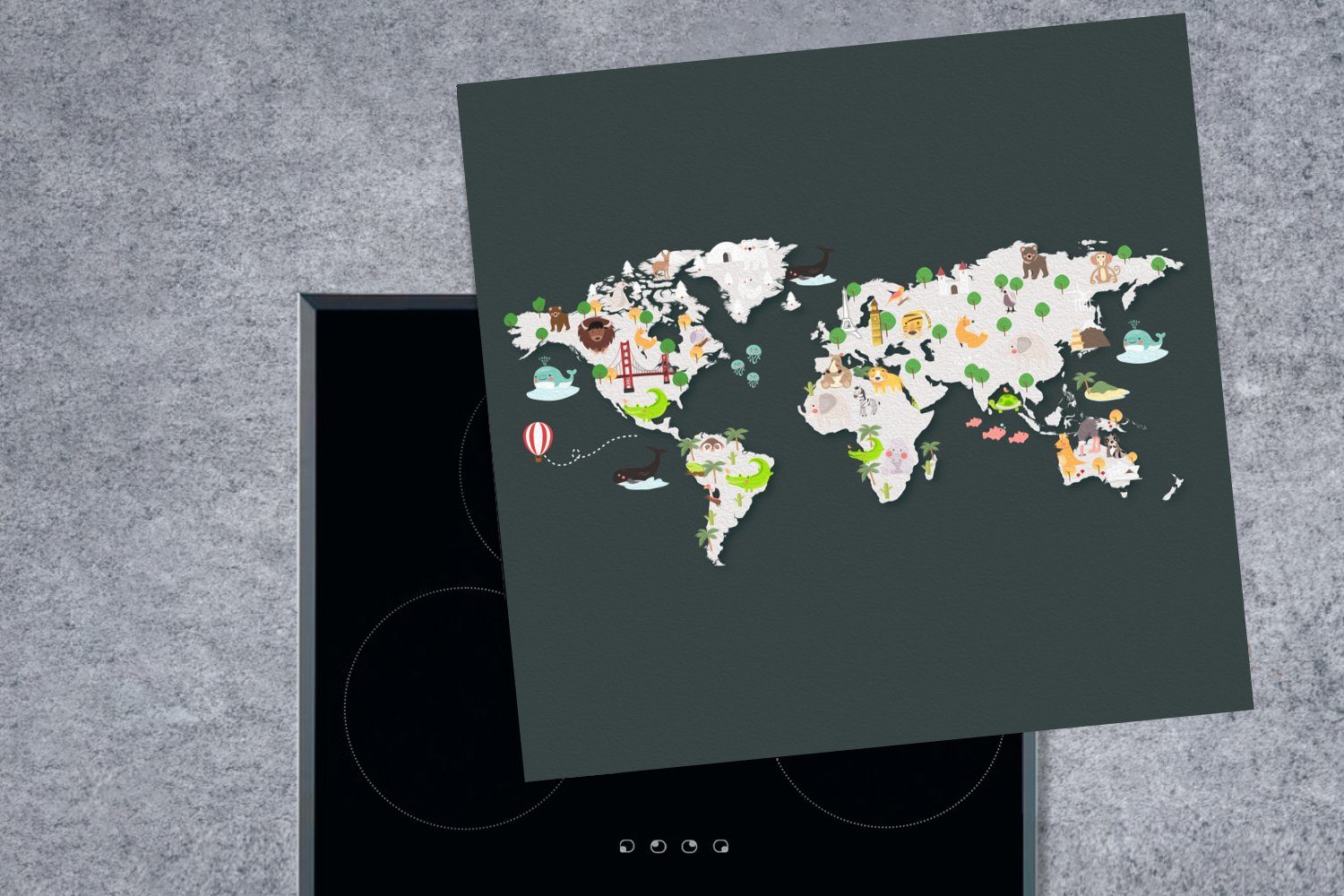 Herdblende-/Abdeckplatte Weltkarte (1 für - - Vinyl, Illustrationen MuchoWow 78x78 Ceranfeldabdeckung, Farben, cm, Arbeitsplatte Kinder küche tlg),