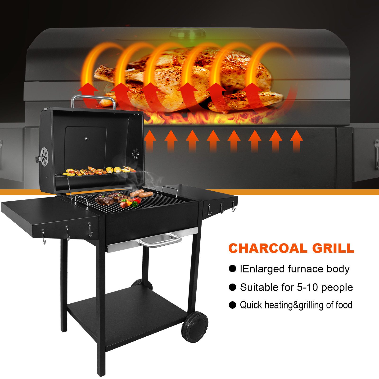 SunJas Holzkohlegrill XXL Grillwagen mit Deckel Thermometer und Doppel-Seitenablagen, grill holzkohle BBQ Grill für Garten und Outdoor-Veranstaltungen, XXL Holzkohlegrill Grillrostmaße 50 x 42 cm für 5-10 Personen
