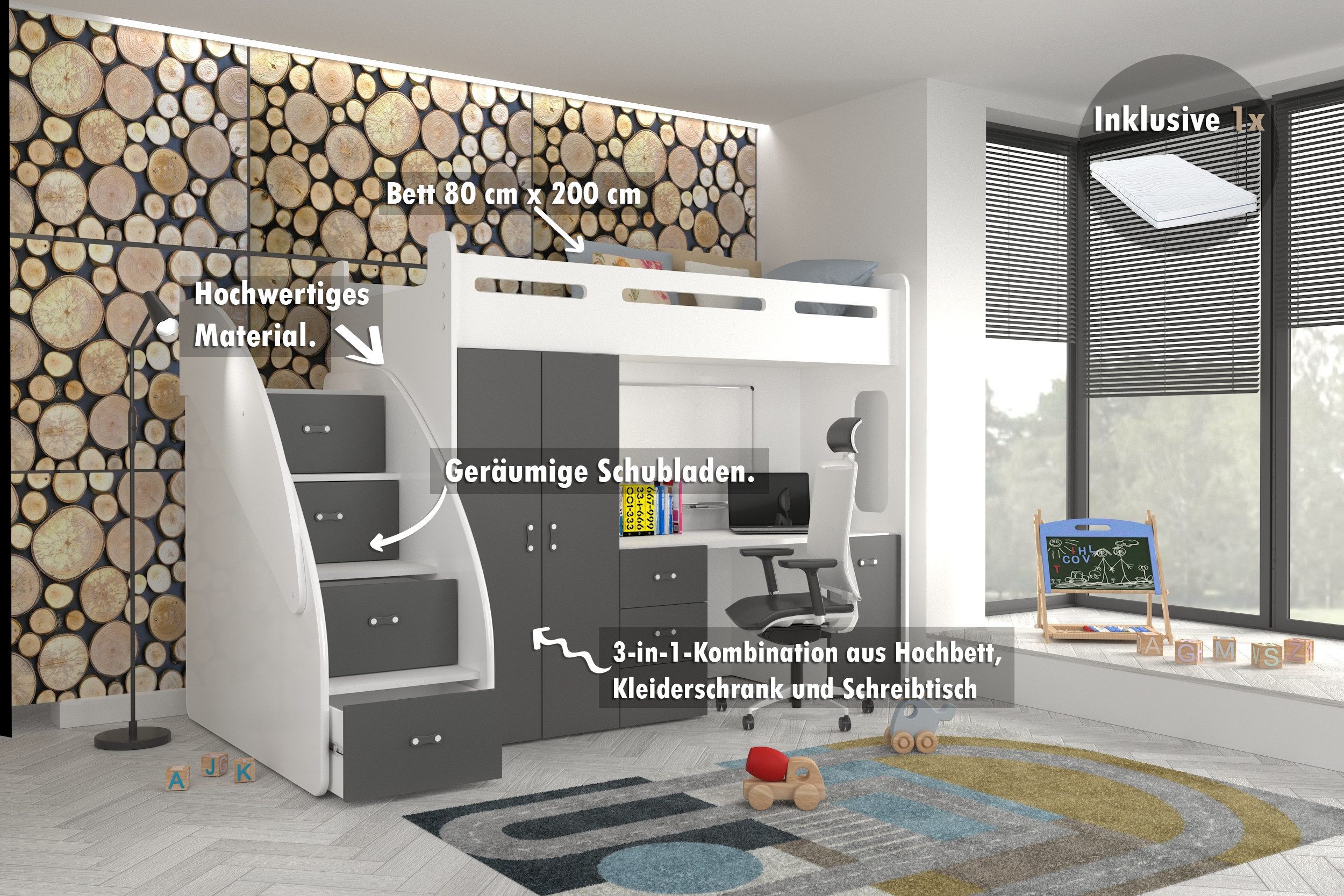 AJKmeble Hochbett Etagenbett 80x200cm mit Treppe, Schrank und Schreibtisch günstig online kaufen