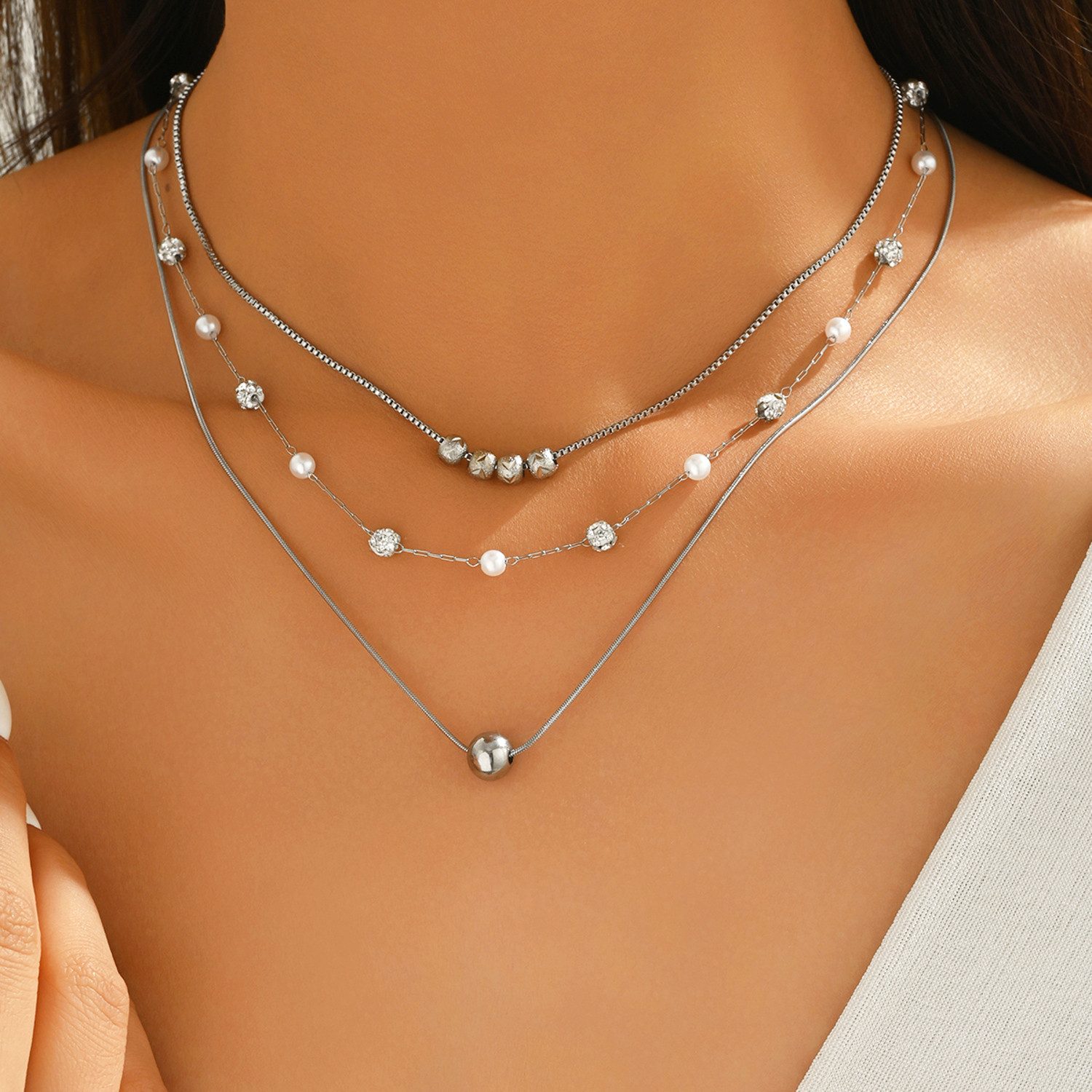 KARMA Ketten-Set Halskette Damen mehrlagig Silber aus Edelstahl (wasserfest & antiallergisch, Damenschmuck Layering-Kette), Damenkette mit Kristallen