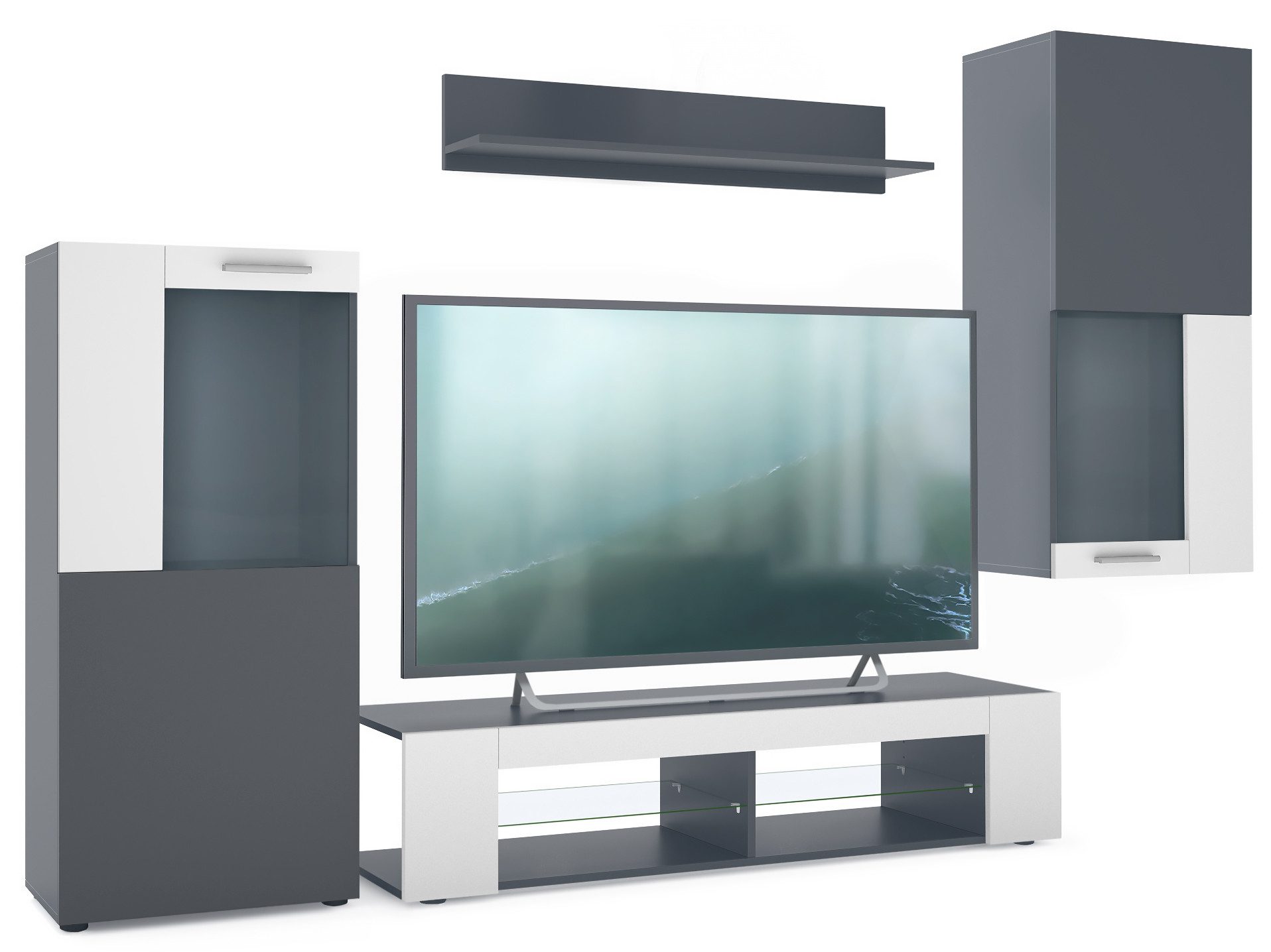 Vladon Wohnwand Stream, (Anbauwand, Anbauwand bestehend aus 1 TV-Board, 2 Vitrinen und 1 Regal), Anthrazit matt/Weiß matt (Gesamt: 305,5 x 190 x 38,5 cm)