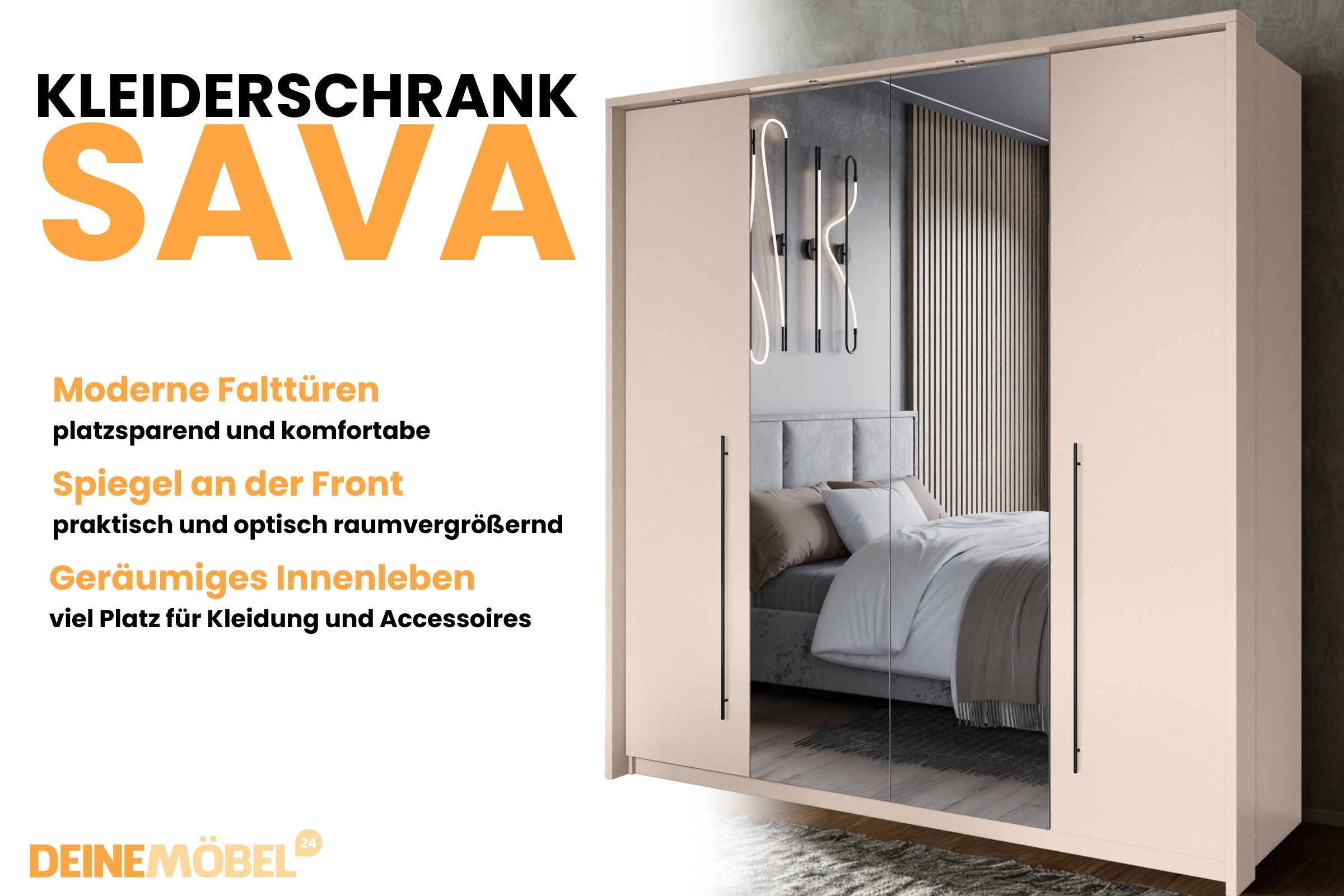 Deine Möbel 24 Kleiderschrank SAVA Falttürenschrank 210 cm breit mit Spiegel (Set, 4-St., 4-türig Sandbeige Beige) mit LED Beleuchtung ideal für Schlafzimmer Flur