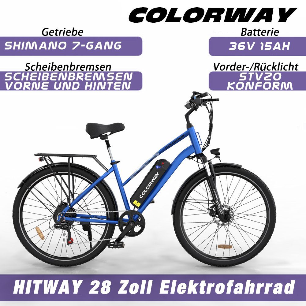 RCB E-Bike COLORWAY 28 ZOLL, 7 StVZO MTB 250W Shimano Blau 7Gang Heckmotor, abnehmbarer Gang, Akku, Doppelscheibenbremse