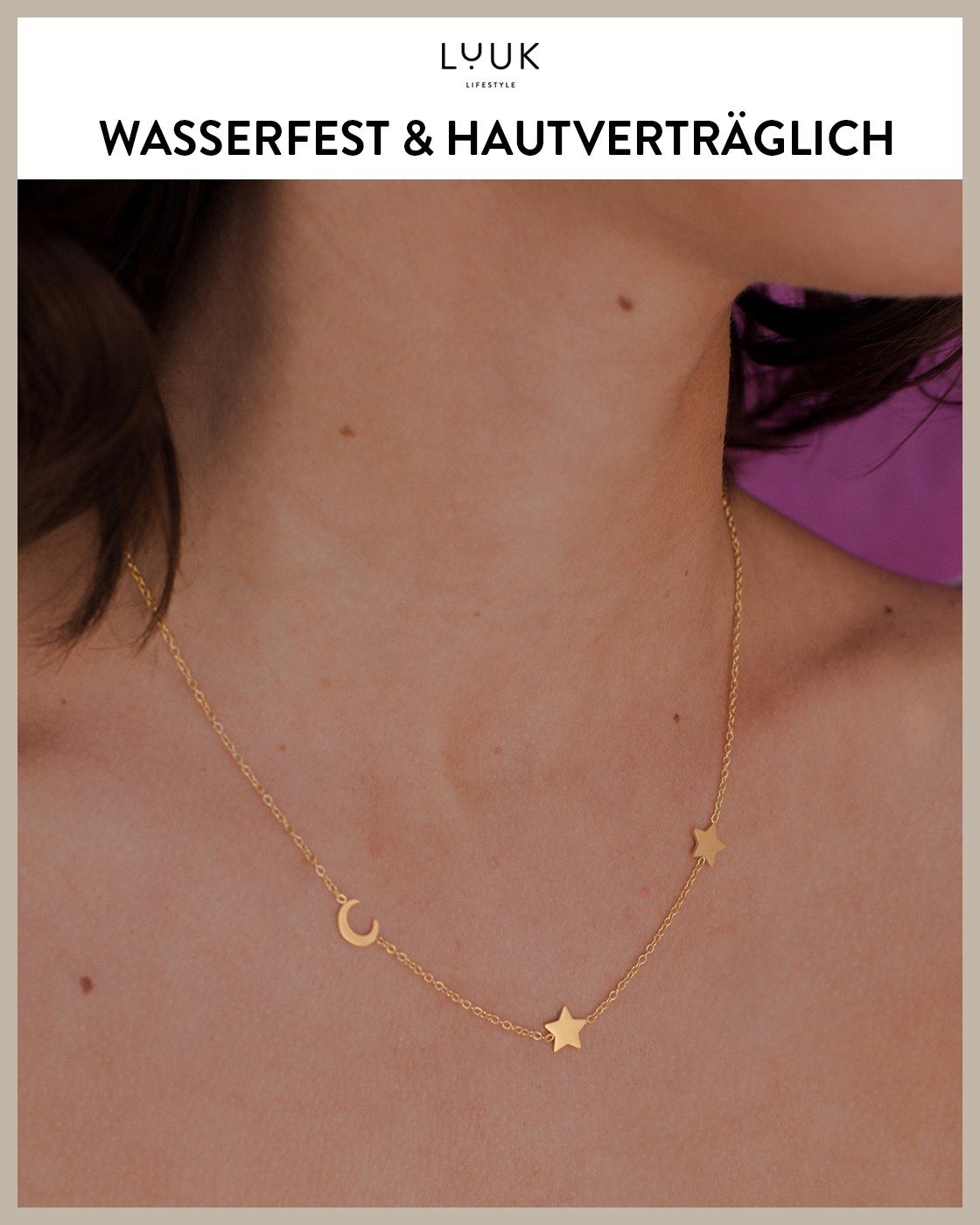 mit Mond Spruchkarte Gold und Anhänger, LIFESTYLE Sterne, Anhänger und HAPPINESS Kette Mond Stern LUUK