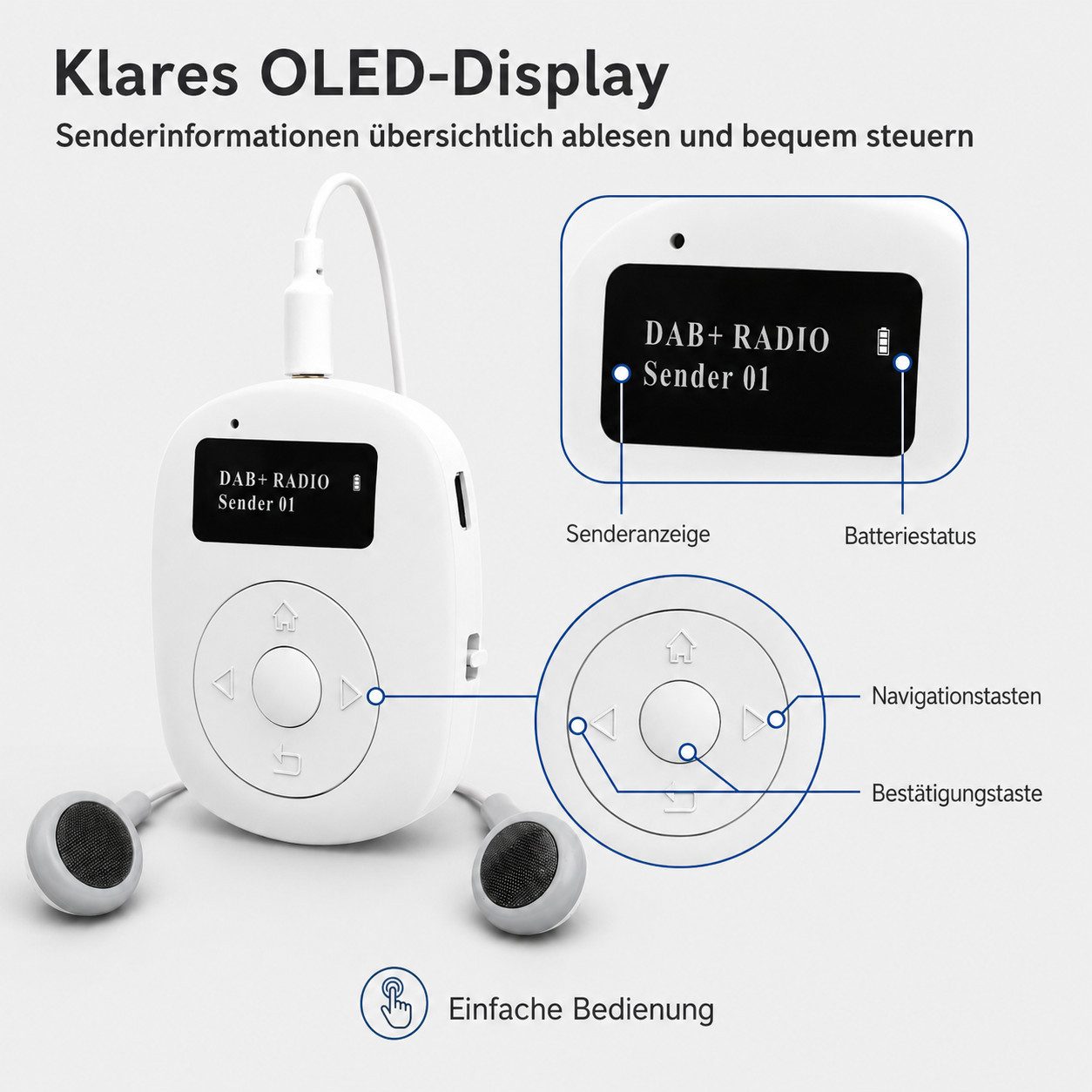Tekoo DAB+ Digitalradio tragbar Mini Radio mit OLED-Display Clip & Akku UKW-Radio (DAB, Sendersuchlauf, Favoritenspeicher, DAB+, FM (UKW), Ultra-kompakt,60 Senderspeicher, ideal für Sport und Outdoor)