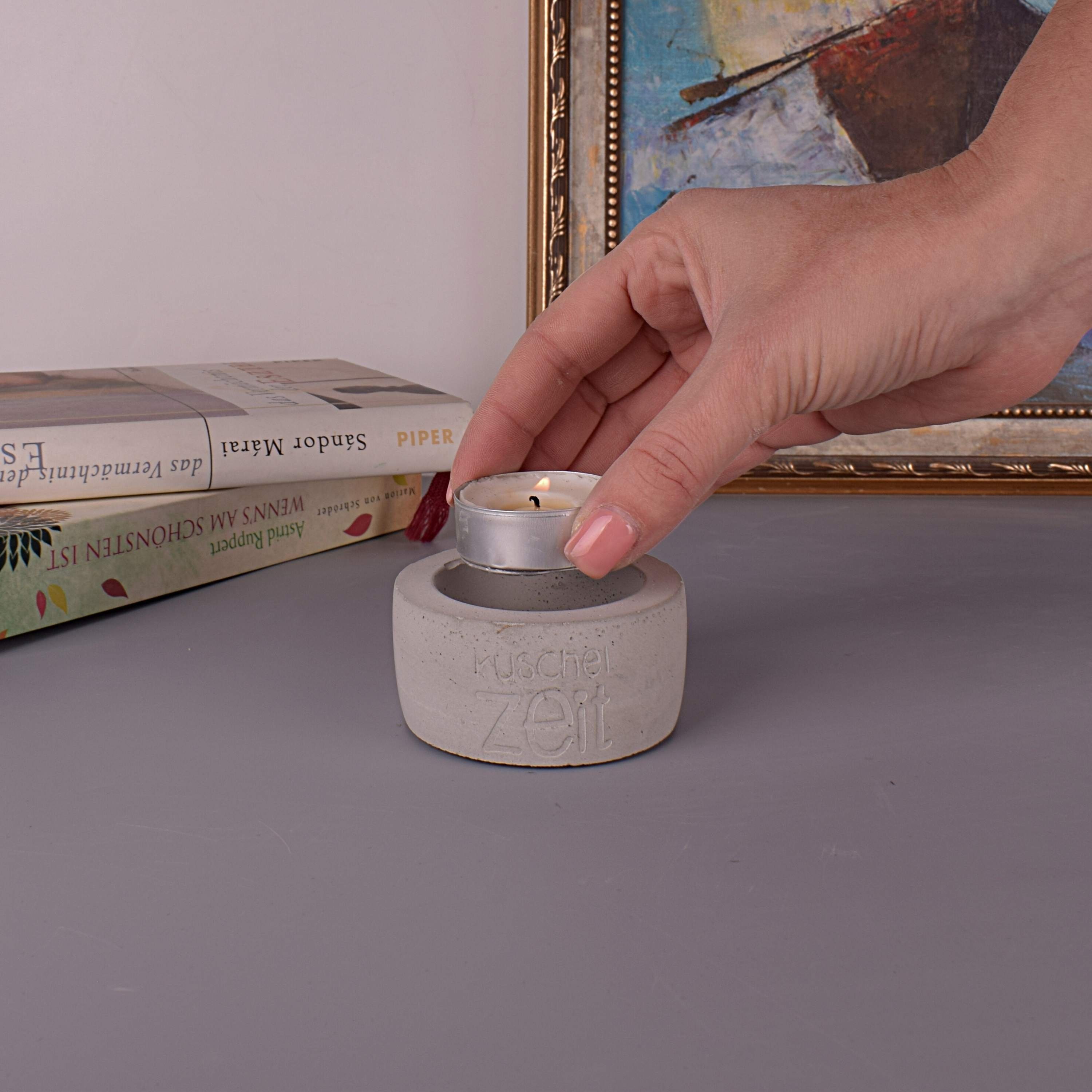 TIVENDIS Teelichthalter Teelichthalter "Kuschelzeit" (Packung) grau Beton-Design
