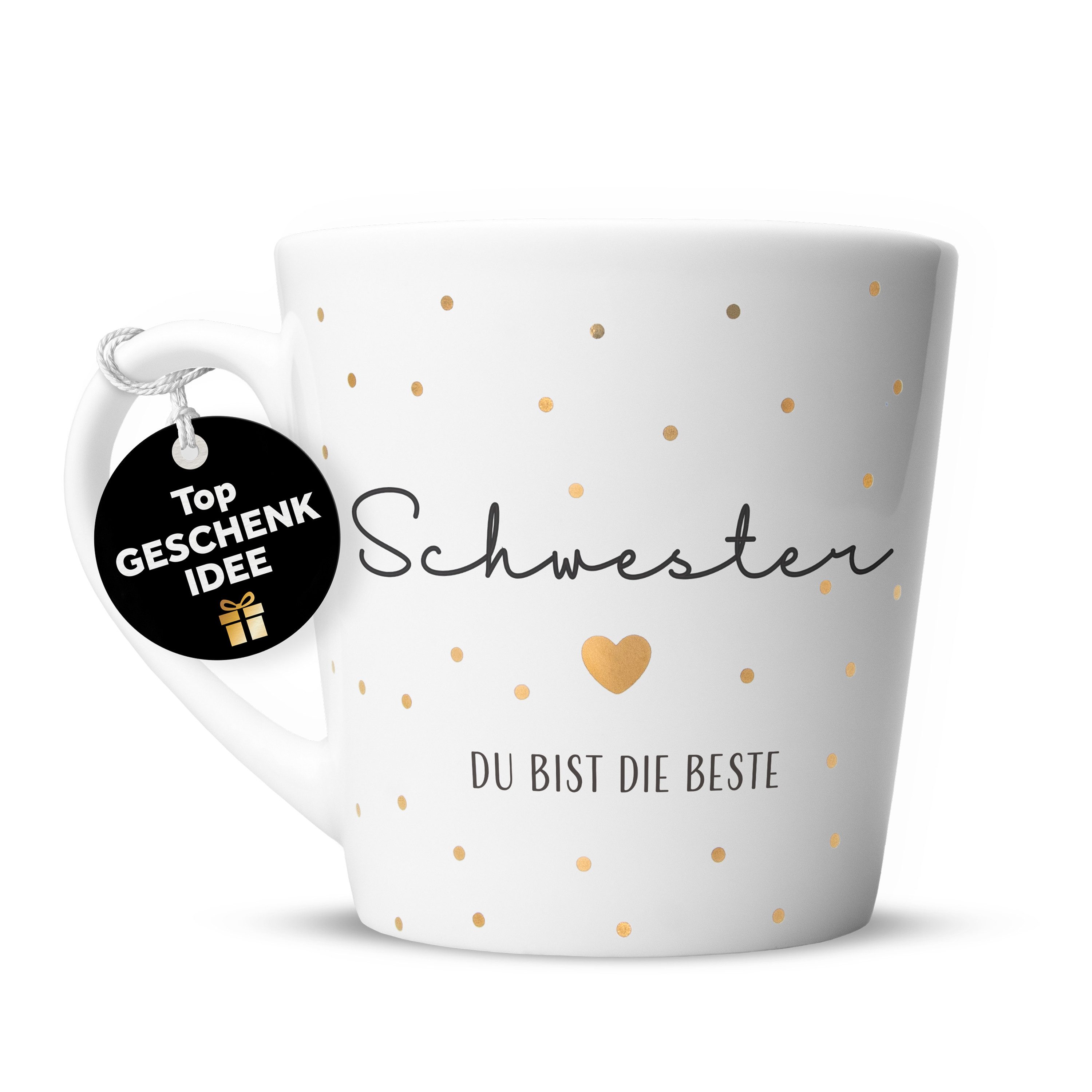 Amari Tasse Schwesterherz Spruch Gold, Geschenk Schwester Lieblingsschwester, 1-tlg., Keramik, Kaffeetasse Teetasse 330 ml Geschenkbox Geburtstag Weihnachten
