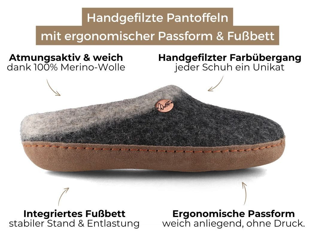 WoolFit Filzpantoffeln mit Ledersohle und Fußbett Sherpa Hausschuh handgefilzt aus 100% Wolle