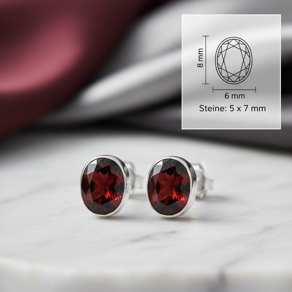 mantraroma Paar Ohrstecker SAMA oval aus 925 Silber mit Granat facettiert (Paar, Paar Ohrringe mit Schmuckbeutel), 925 Sterling Silber Ohrringe für Damen