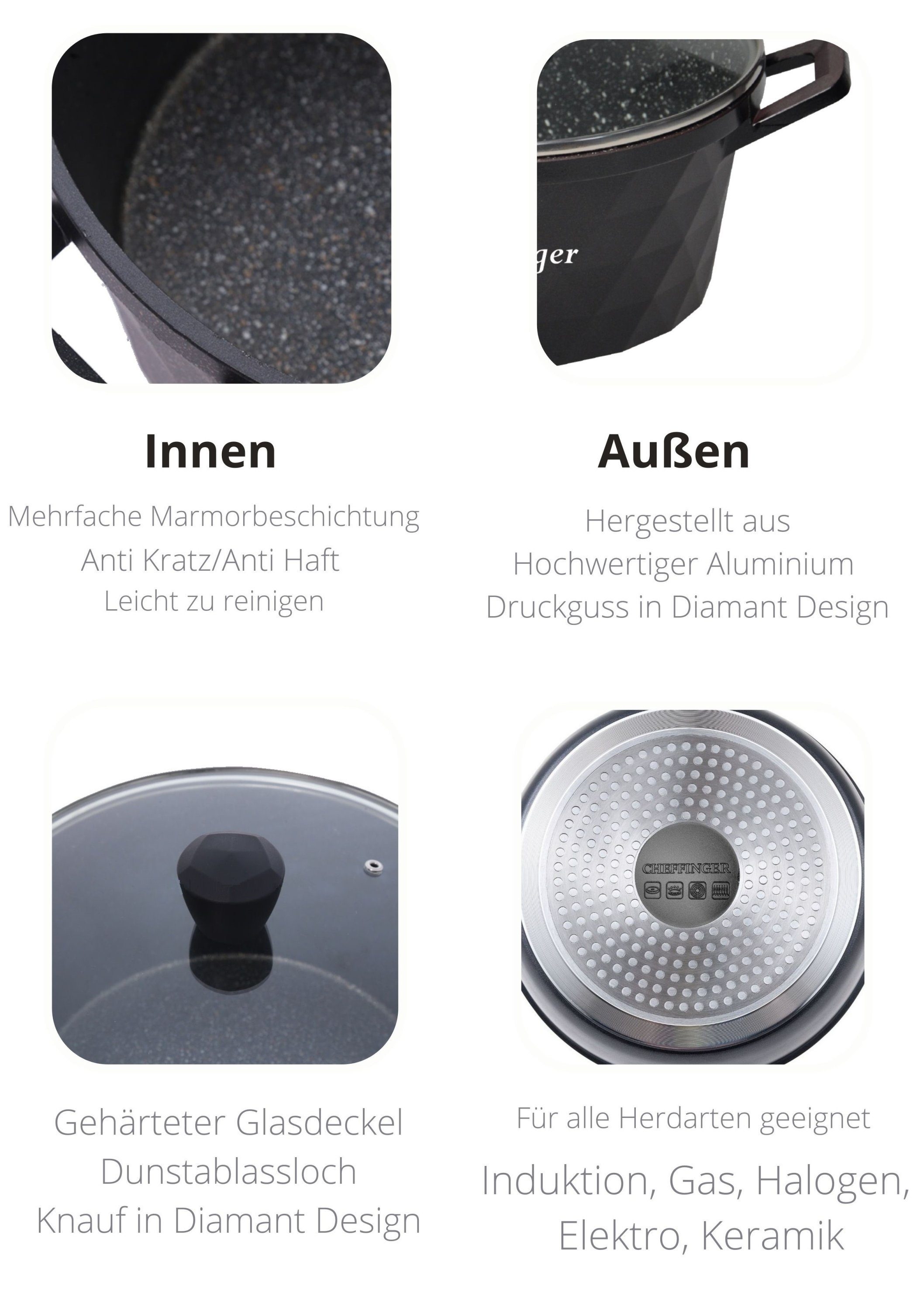 Cheffinger Topf-Set Kochtopf Kasserolle Topf Set 6-tlg schwarz Glasdeckel Cheffinger, Material: Aluminium, Glas – Bild 2 von 3