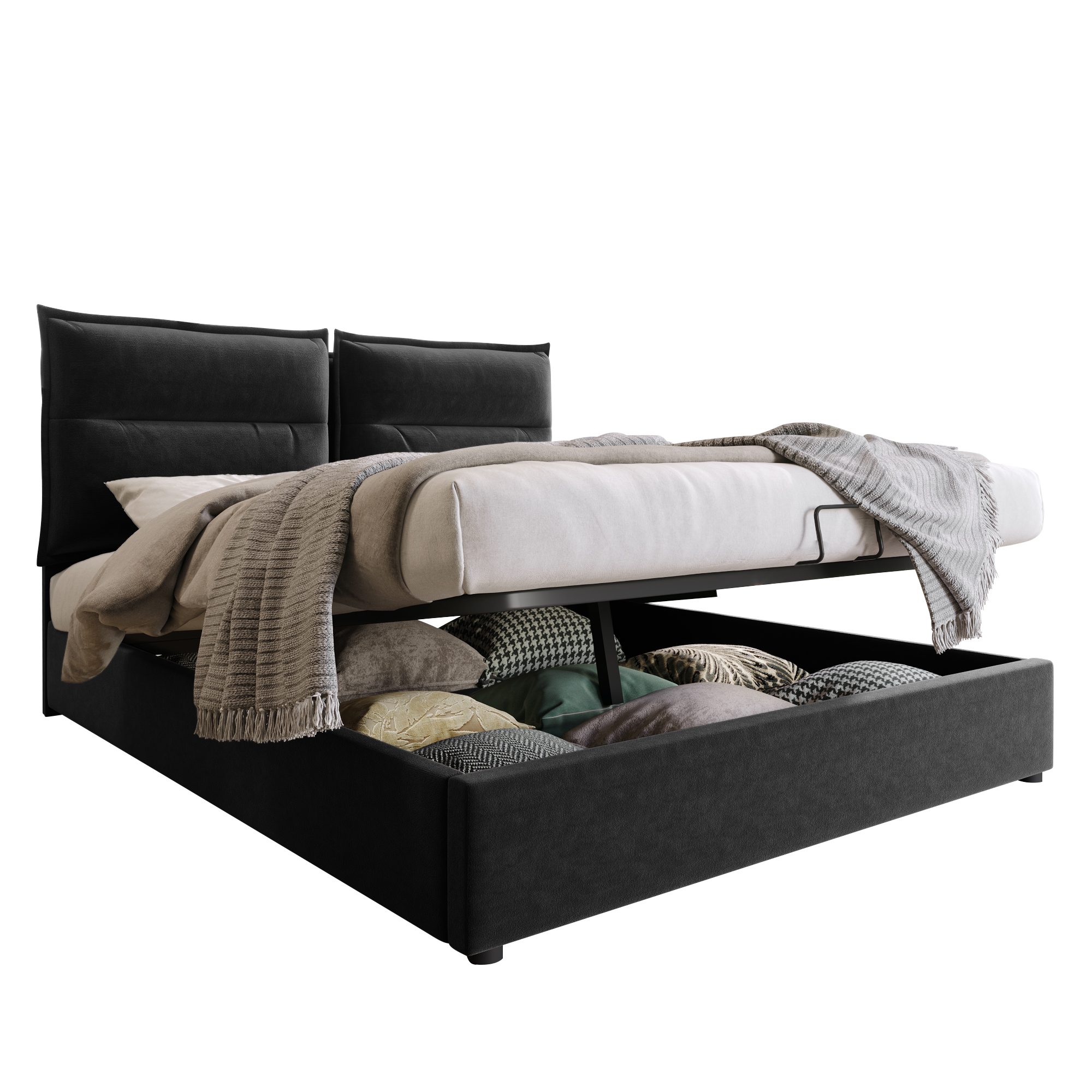 FLIEKS Polsterbett Hydraulisches Doppelbett mit Stauraum Samt 140x200cm Schwarz
