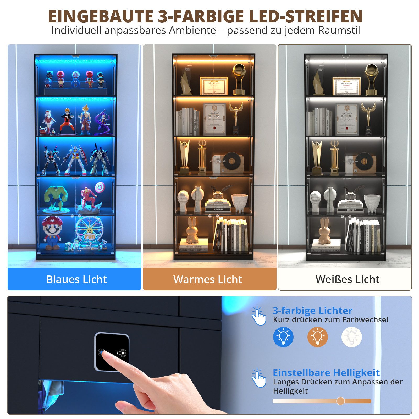VOWNER Glasvitrine mit 3-Farben-LED - Bewegungssensor (1-St) 5 übereinanderliegende Regale, 80x204x35 cm – Bild 4 von 5