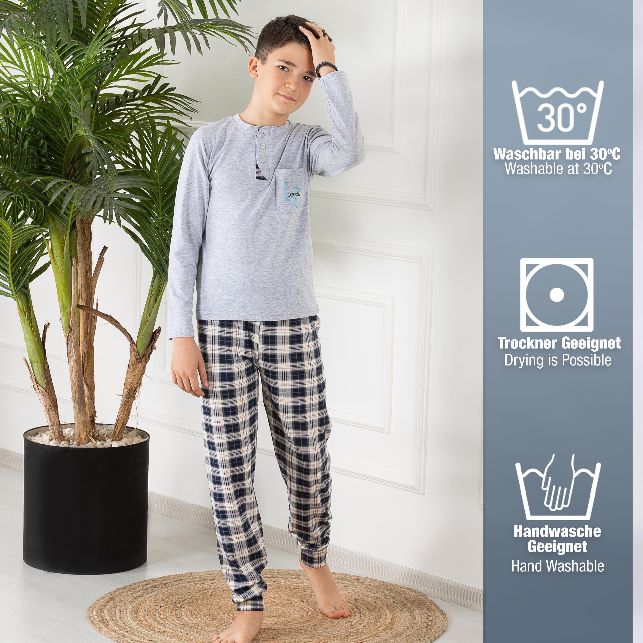 Jungen kariert Langarm 2 aus LOREZA Schlafanzug Pyjama Baumwolle zweiteiliger (Set, tlg) Grau