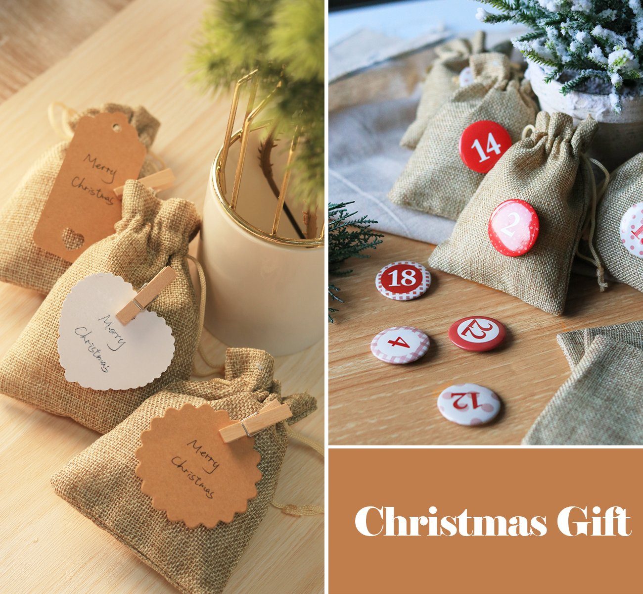 24 beige Christbaumschmuck Stoffbeutel + Adventskalendersäckchen Buttons (24-tlg), Homewit Adventskalendertaschen 24 Weihnachtskalender roten