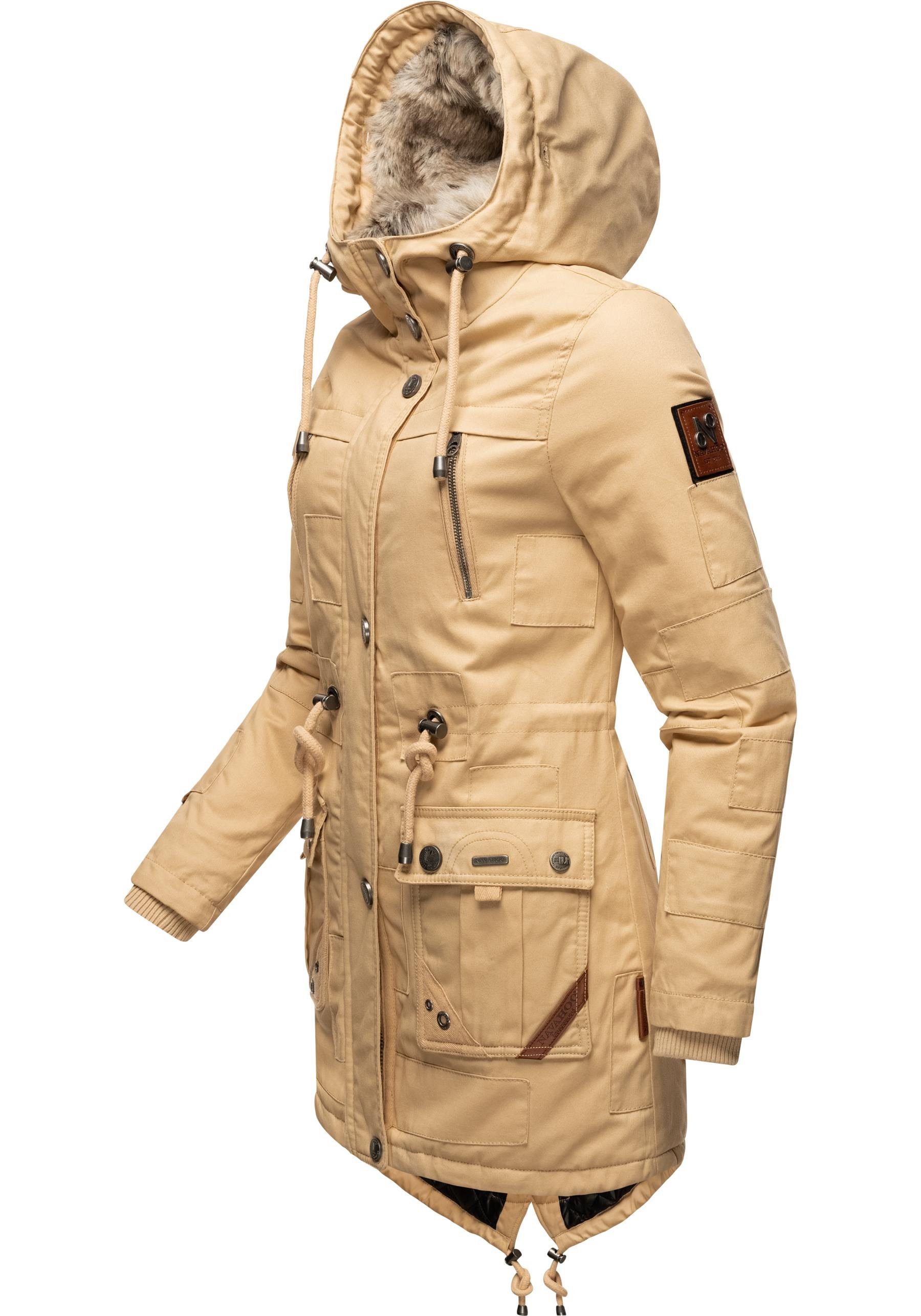 Navahoo Wintermantel Honigfee Baumwollparka mit stylischer beige Kunstfell-Kapuze