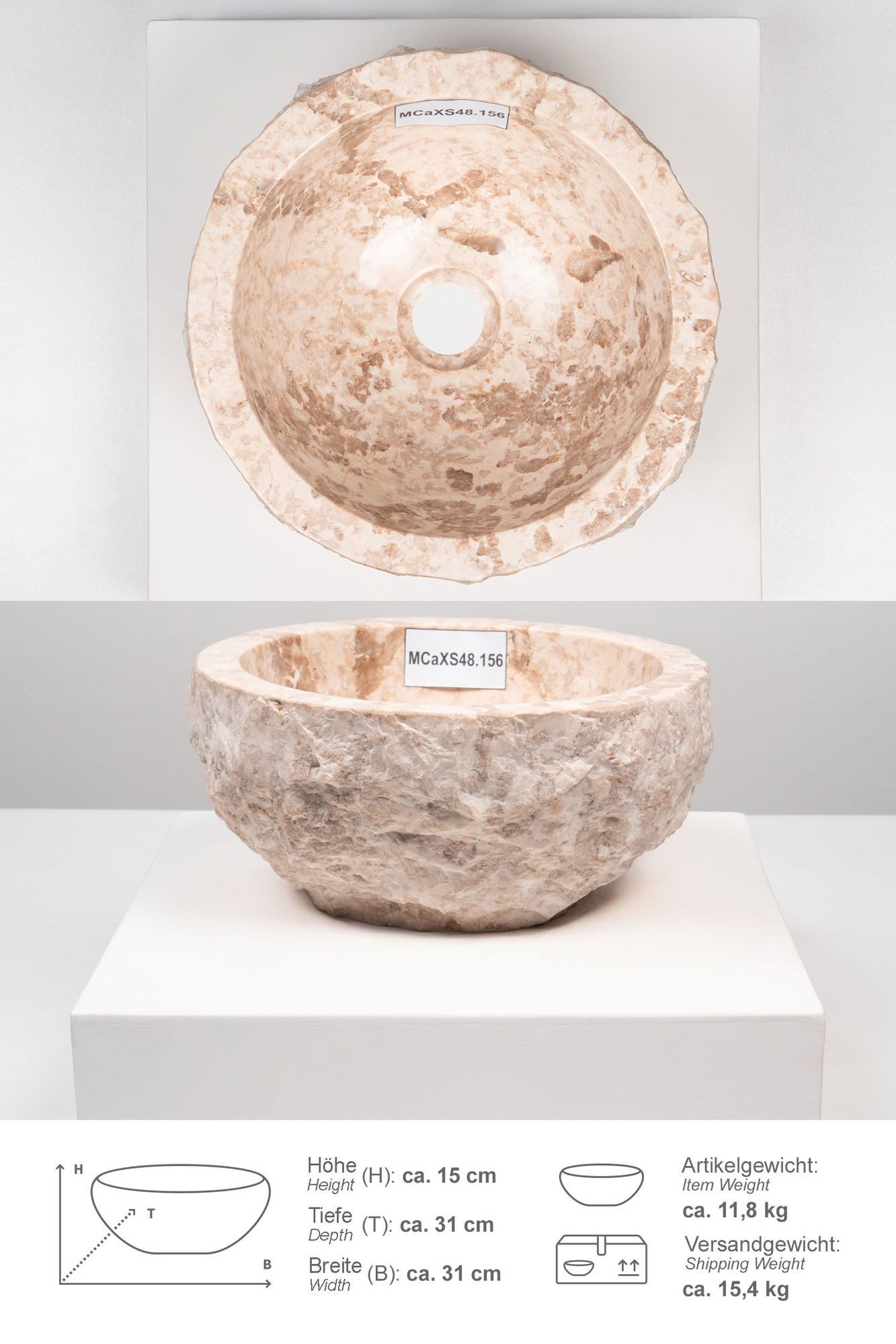 wohnfreuden Aufsatzwaschbecken Erosi Marmor Waschbecken 30 cm creme (Kein Set), 101659_MCaXS48.156