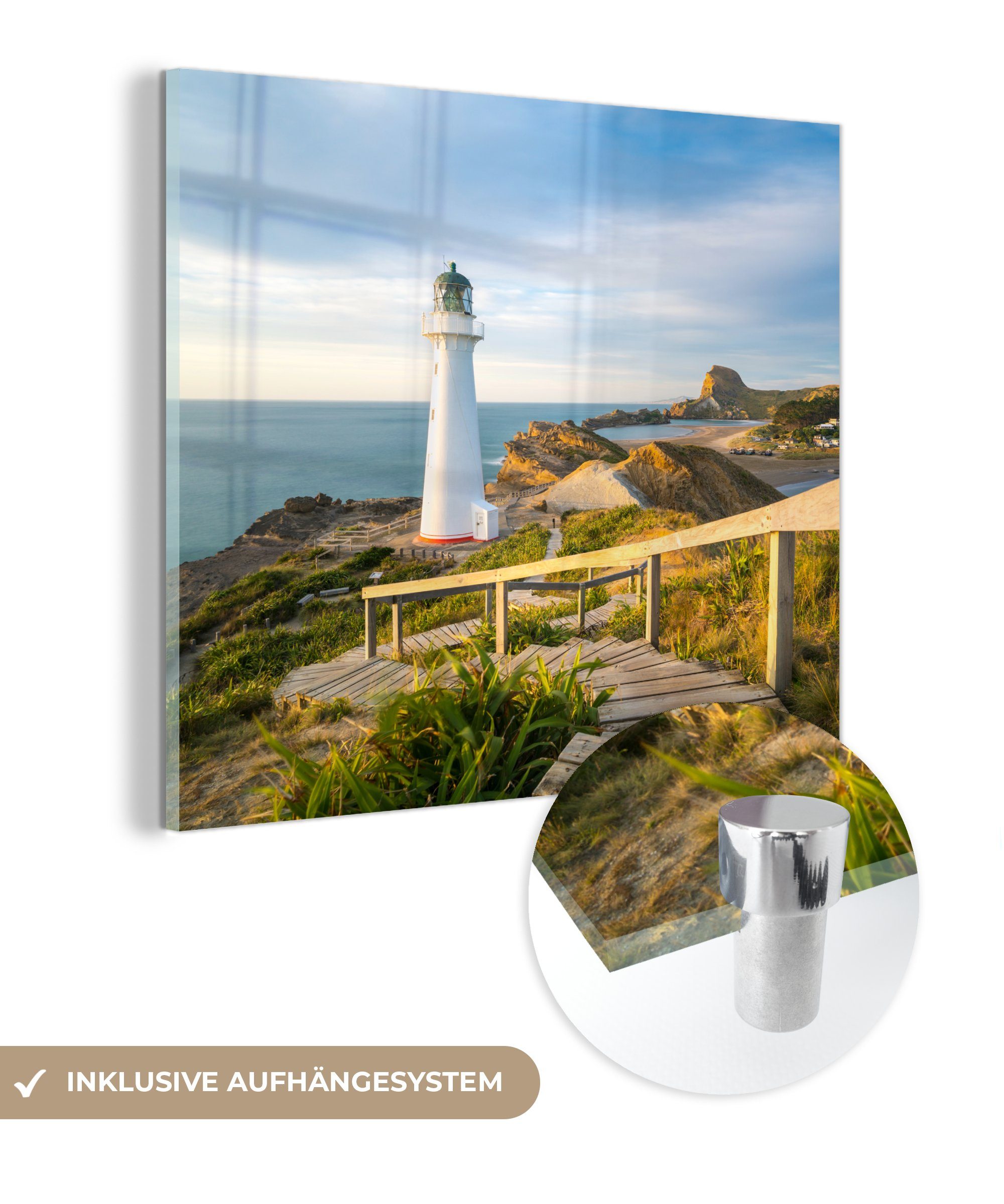 - MuchoWow Glas - Wandbild Meer St), Glas Bilder Acrylglasbild - Foto Leuchtturm Glasbilder - - auf (1 Wanddekoration auf Weiß,