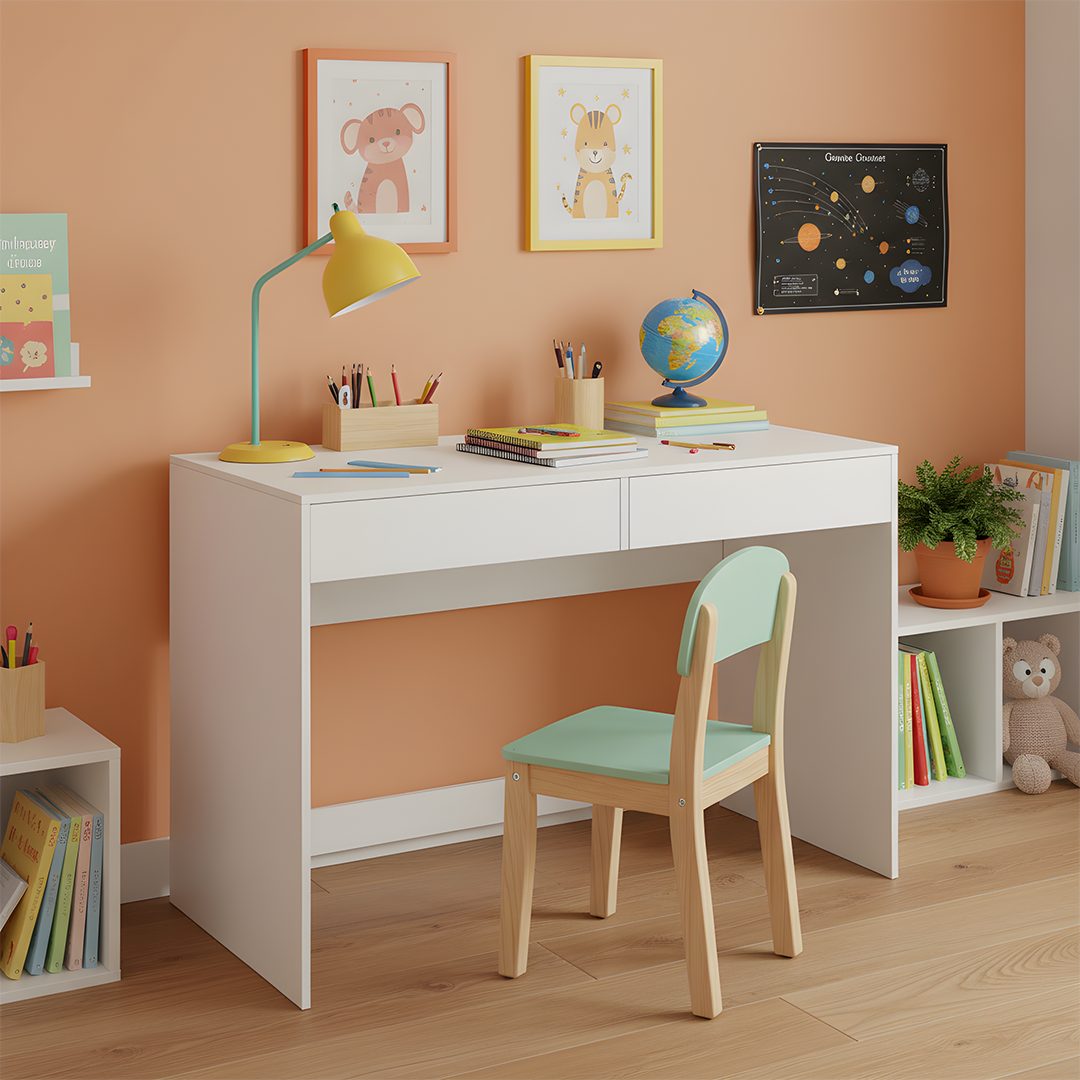 Bellabino Kinderschreibtisch Toce mit 2 großen Schubladen (weiß, pflegeleichter Holztisch), praktischer Jugendschreibtisch, 75 x 53 x 110 cm