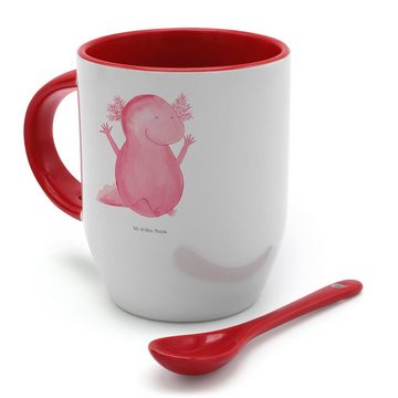 Mr. & Mrs. Panda Tasse Axolotl Hurra, Tasse mit Spruch, Tasse mit Löffel, Kaffeebecher, Keramik, Charmanter Keramik-Löffel