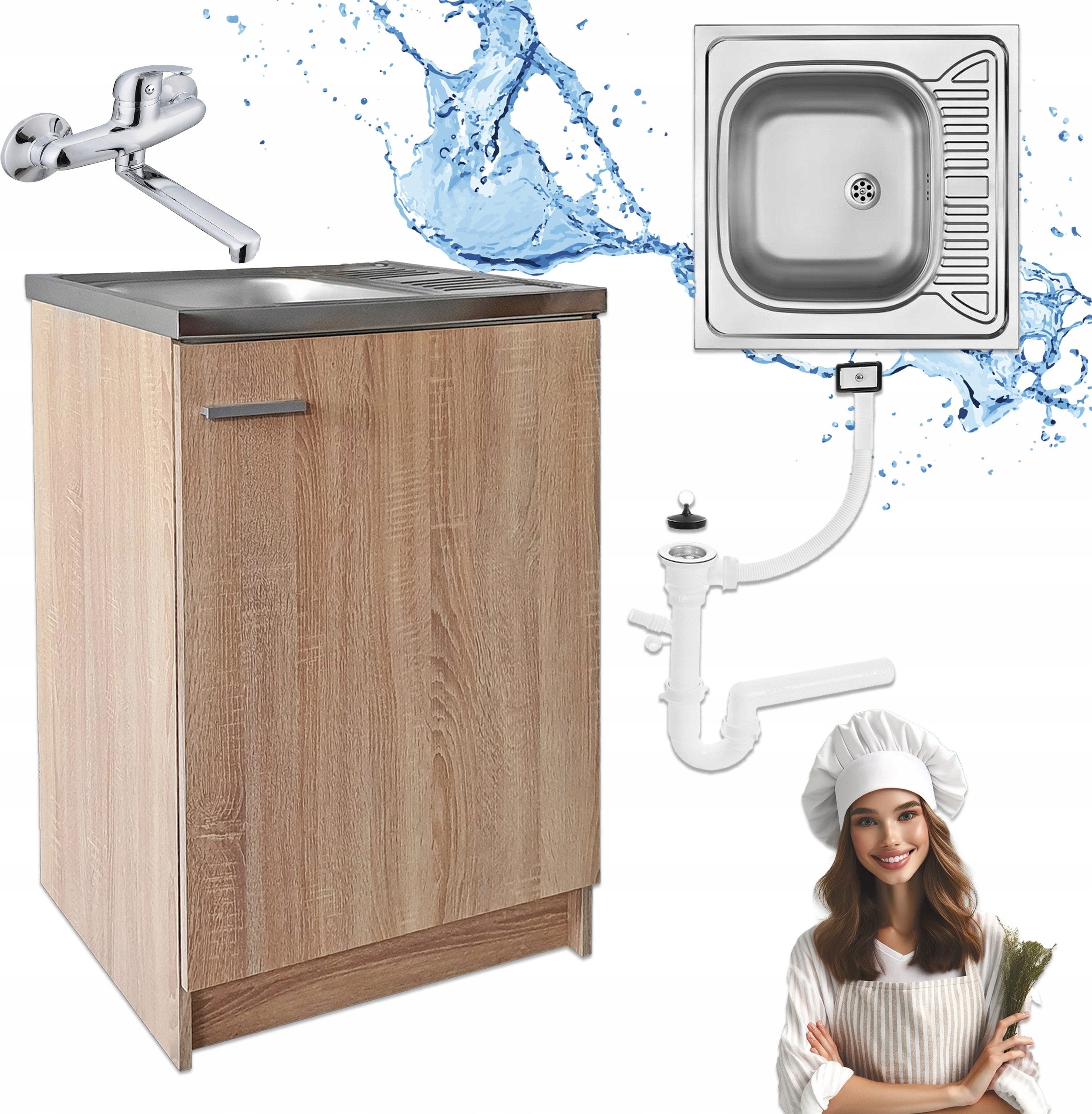 STAMAR Spülenschrank Küchenschrank 60x60cm Sonoma Spüle Deante Armatur Chrom Wand Komplett Standschrank Siphon Geschirrspüler Wandarmatur Set Montagefertig