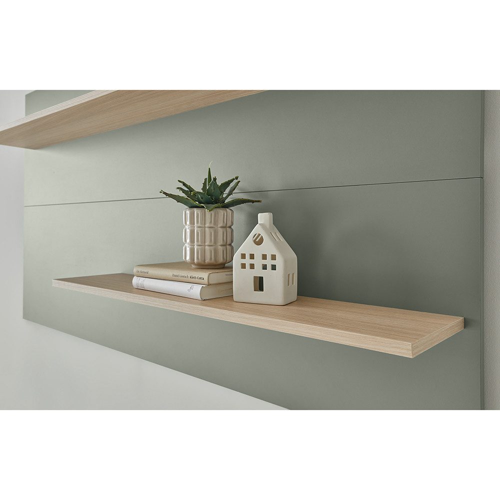 Lomadox Wandregal CRISP-61, 150 cm, grün mit Eiche Nb., 2 Ablageböden für Deko oder Bücher